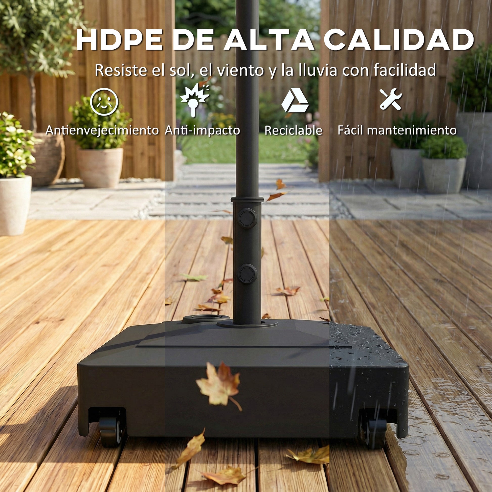 Outsunny Base para Sombrilla Cuadrada con Ruedas, Soporte de Parasol de HDPE, Pie para Sombrilla con Postes Ø35/38/48 mm, Rellenable de Arena 61 kg o Agua 40 kg, para Jardín, Patio, Terraza, Negro