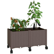Outsunny Jardinera Elevada con 6 Ruedas, Jardinera Exterior Móvil de Plástico con Riego Automático y Drenaje, Macetero Exterior para Cultivos, Plantas, Jardín, Terraza, 80x40x43 cm, Marrón