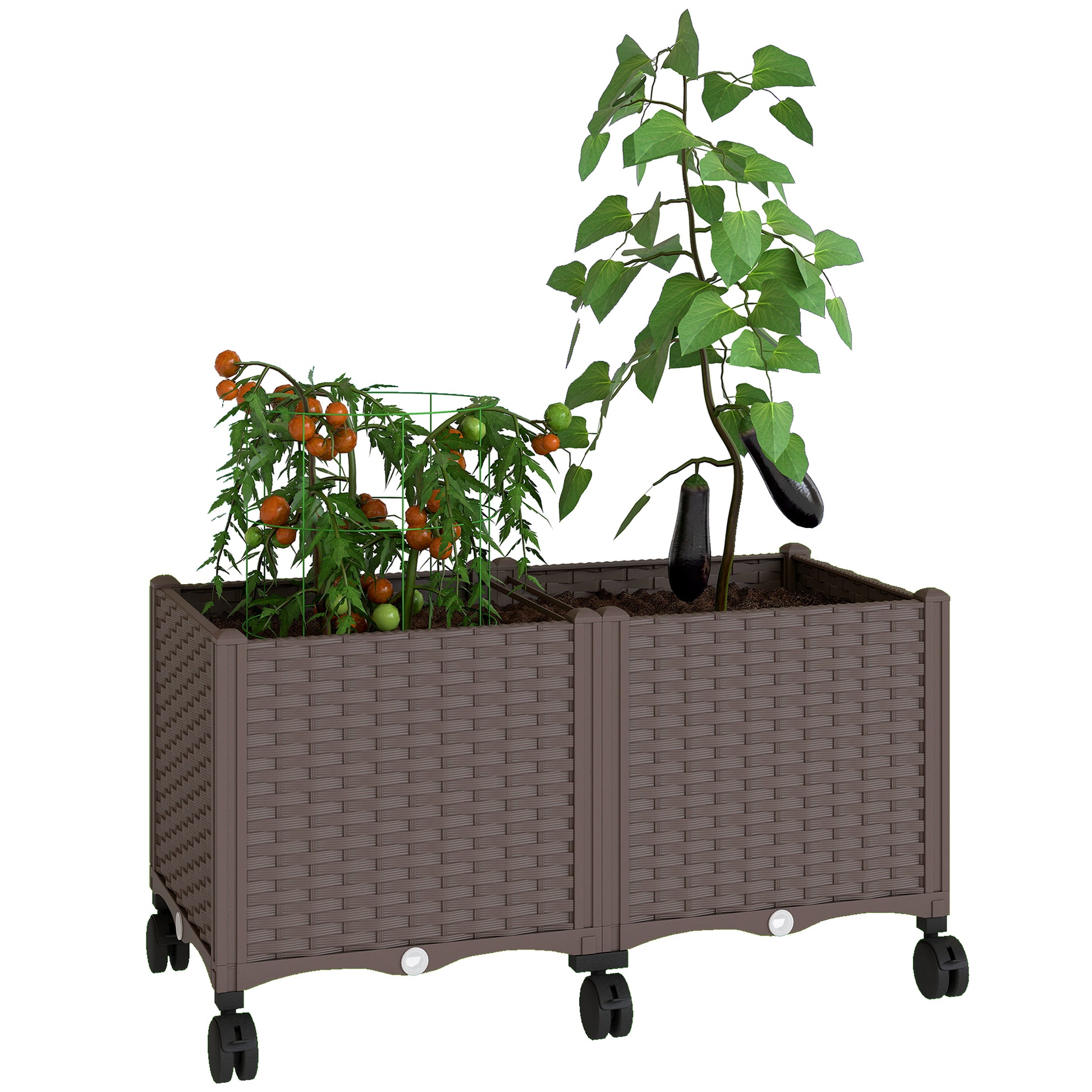 Outsunny Jardinera Elevada con 6 Ruedas, Jardinera Exterior Móvil de Plástico con Riego Automático y Drenaje, Macetero Exterior para Cultivos, Plantas, Jardín, Terraza, 80x40x43 cm, Marrón