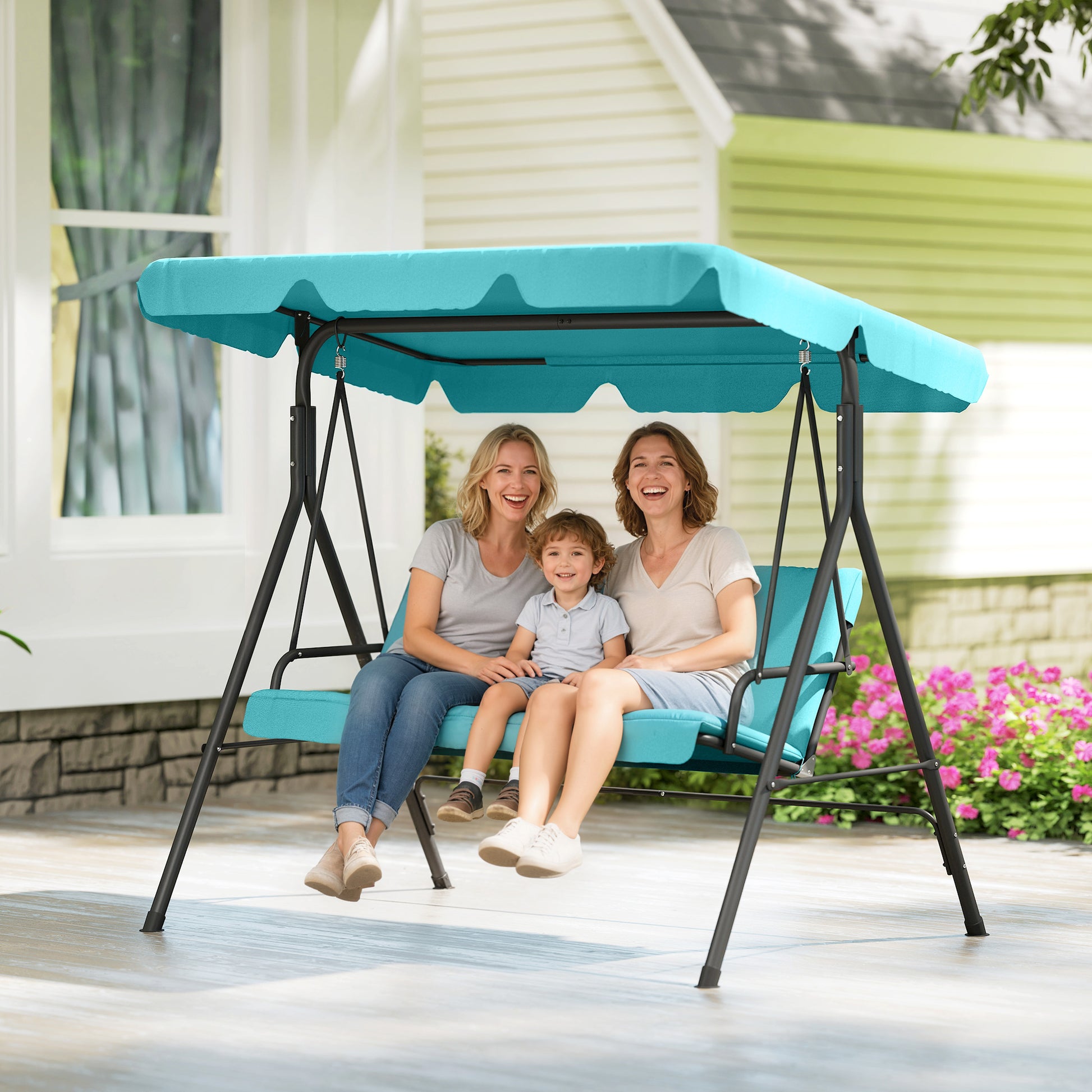 Outsunny Columpio de Jardín Exterior de 3 Plazas, Balancín de Jardín Exterior con Techo Ajustable y Marco de Acero, para Balcón, Terraza, Patio, Carga 240 kg, 172x110x153 cm, Verde Azulado