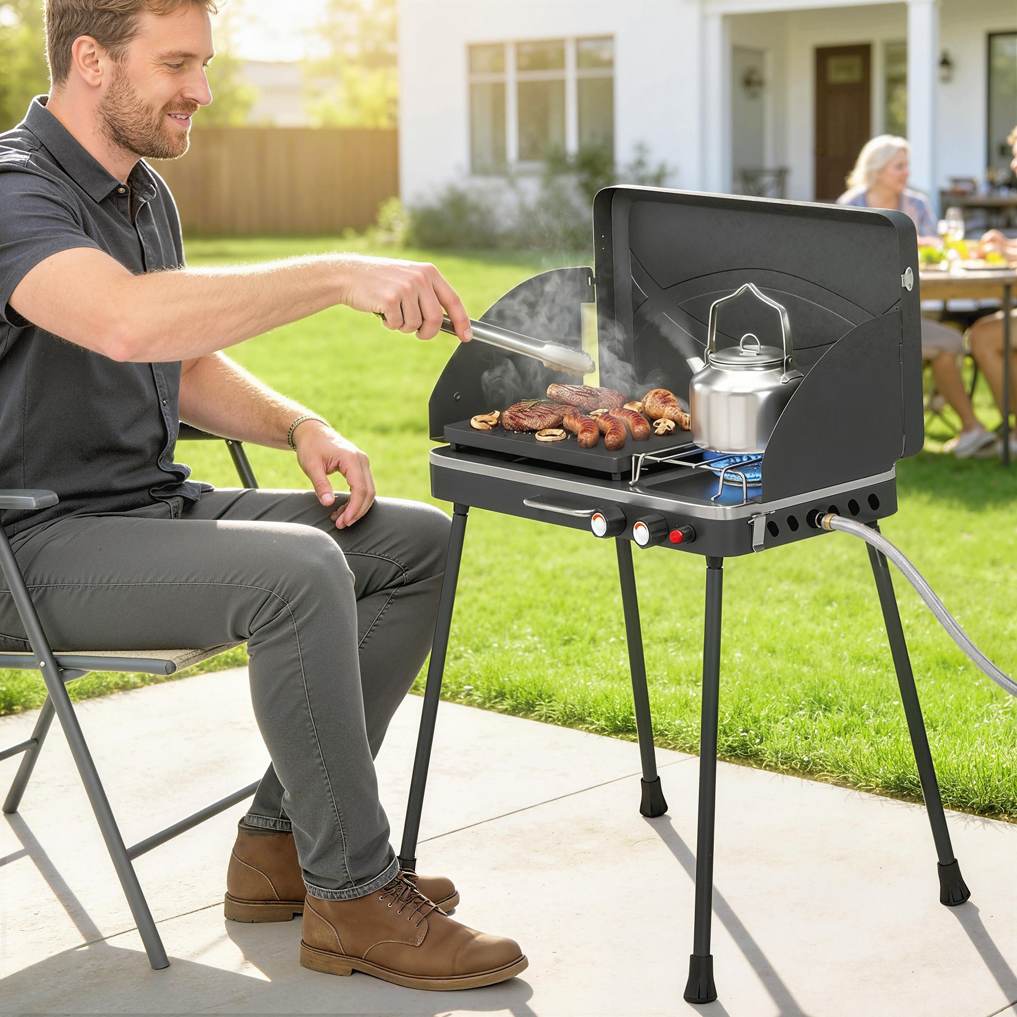 Outsunny Barbacoa de Gas Portátil 2 en 1, Barbacoa de Gas Propano 7 kW de Mesa o de Pie con Plancha Grande, Patas Desmontables, Protectores de Viento, para Picnic, Camping, Negro