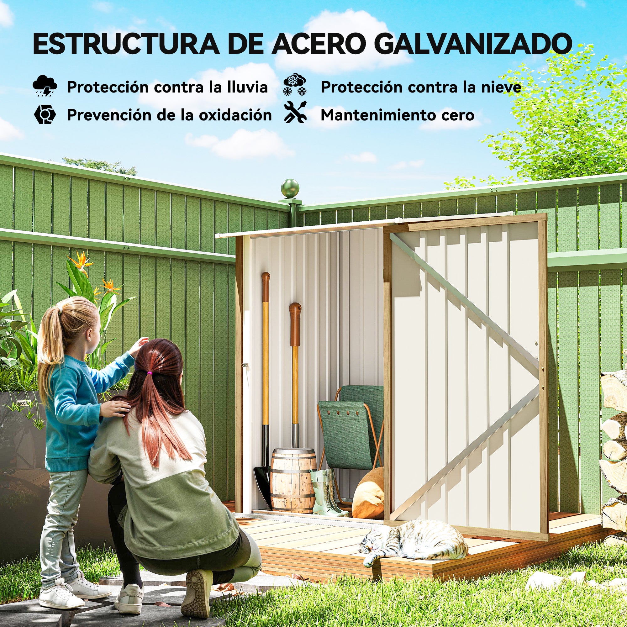 Outsunny Cobertizo de Jardín Exterior, 0,92 m², 100x103x160 cm, Caseta de Jardín Exterior Metálica con 1 Puerta y Cerradura, para Almacenamiento de Herramientas, para Patio, Terraza, Marrón Claro
