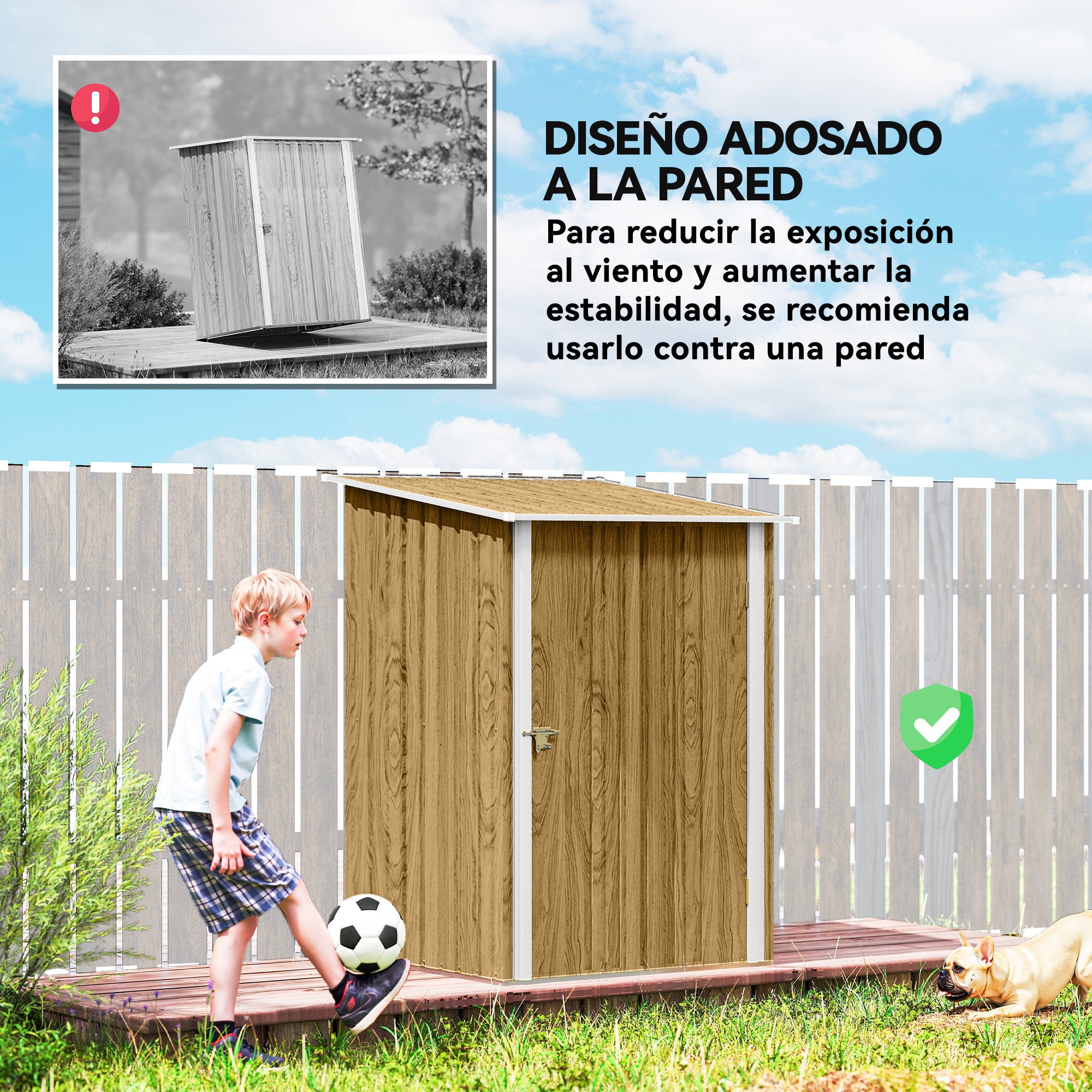 Outsunny Cobertizo de Jardín Exterior, 0,92 m², 100x103x160 cm, Caseta de Jardín Exterior Metálica con 1 Puerta y Cerradura, para Almacenamiento de Herramientas, para Patio, Terraza, Marrón Claro