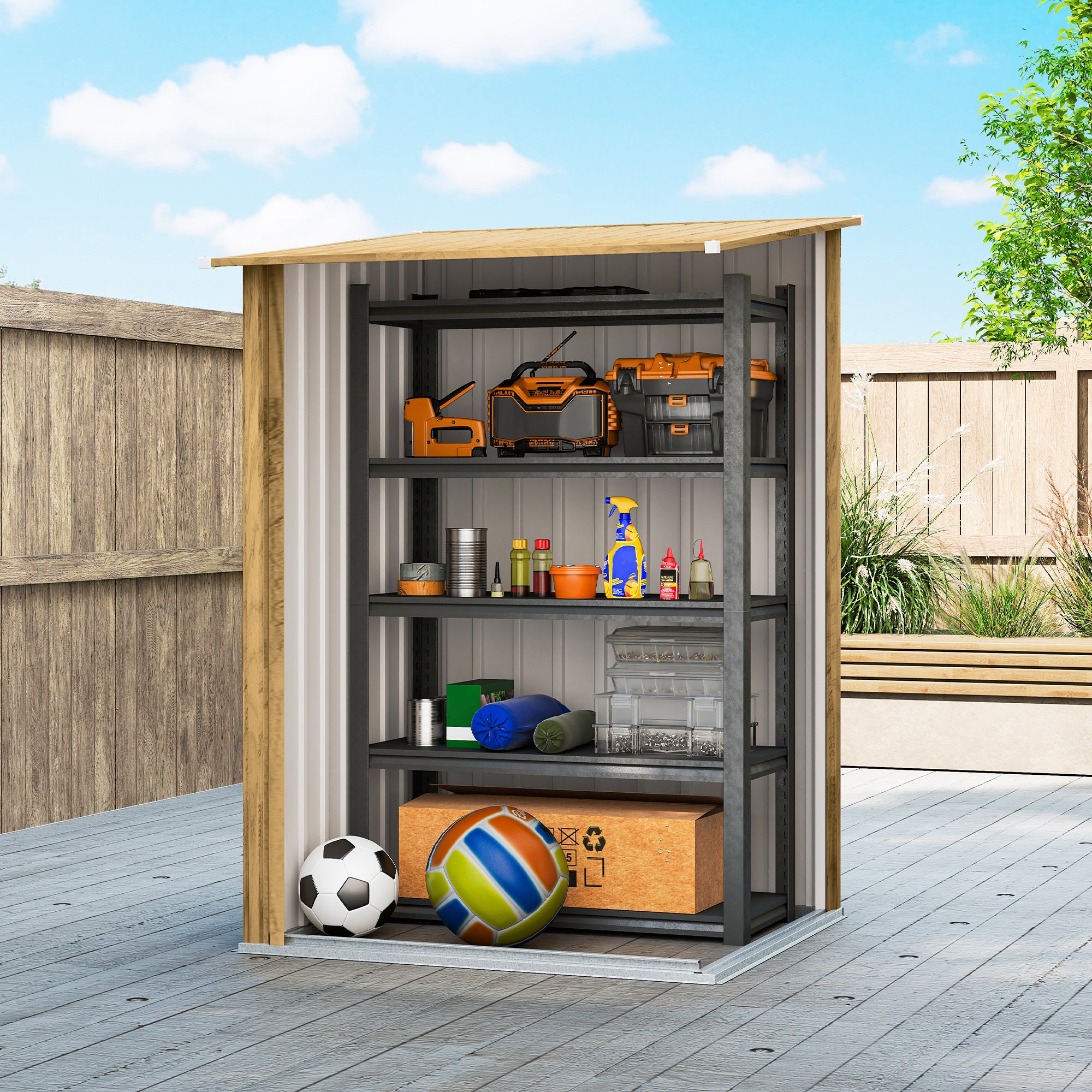 Outsunny Cobertizo de Jardín Exterior, 0,92 m², 100x103x160 cm, Caseta de Jardín Exterior Metálica con 1 Puerta y Cerradura, para Almacenamiento de Herramientas, para Patio, Terraza, Marrón Claro