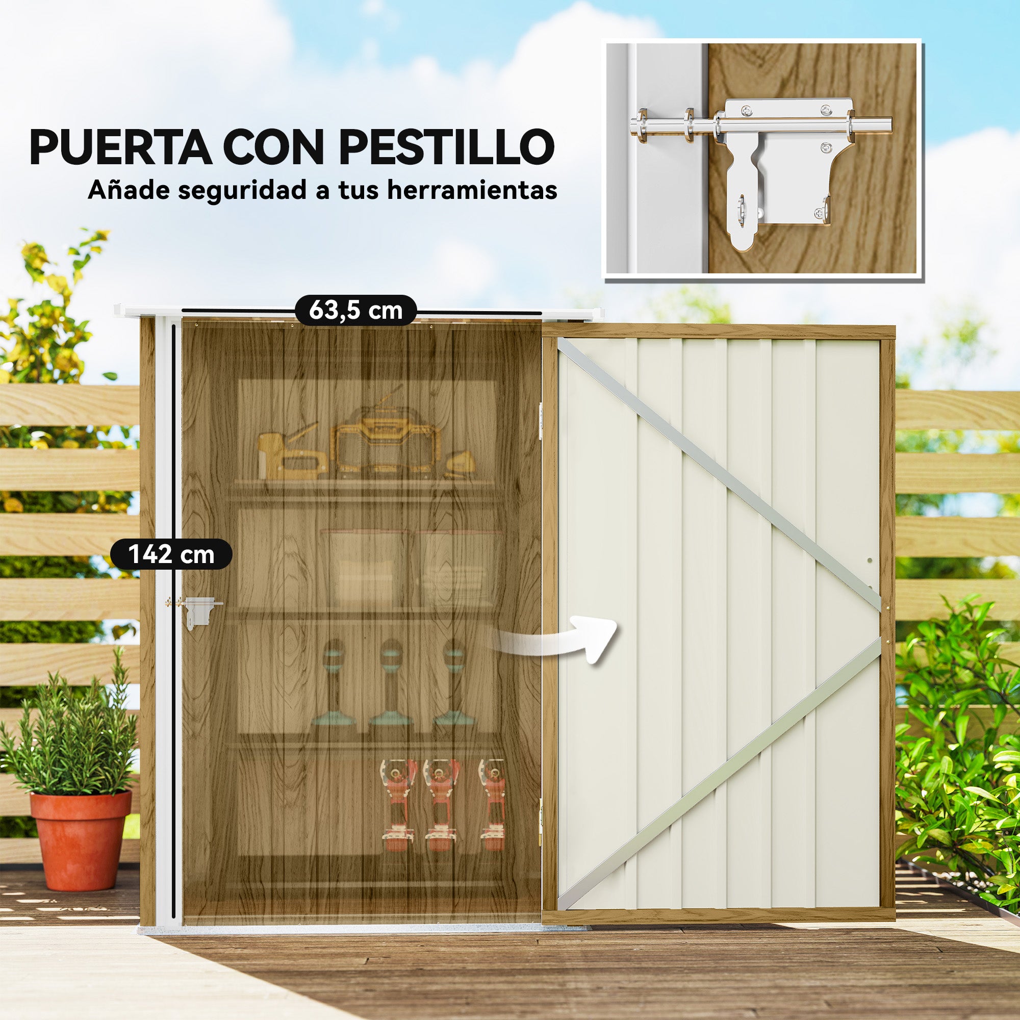 Outsunny Cobertizo de Jardín Exterior, 0,92 m², 100x103x160 cm, Caseta de Jardín Exterior Metálica con 1 Puerta y Cerradura, para Almacenamiento de Herramientas, para Patio, Terraza, Marrón Claro