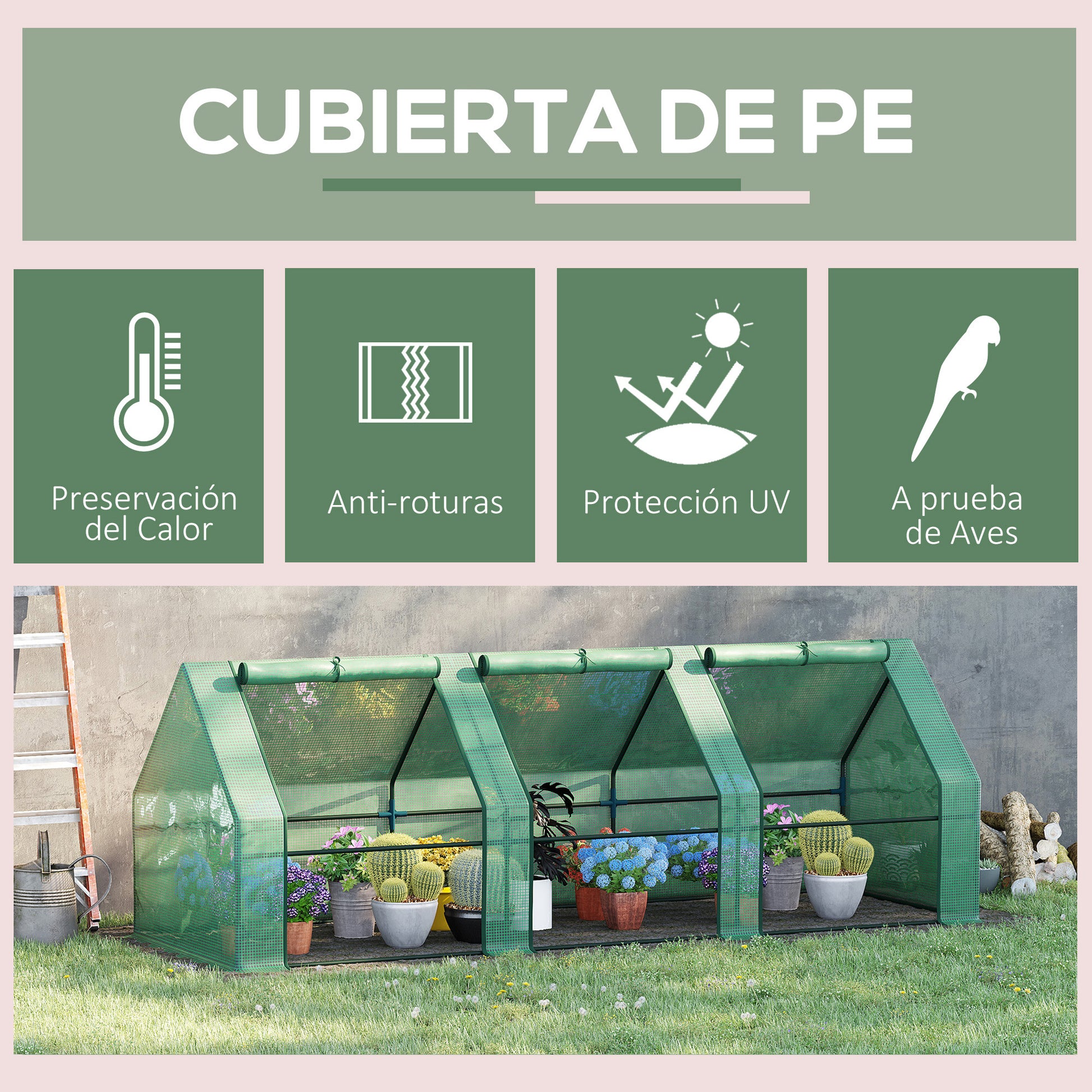Outsunny Invernadero de Exterior Invernadero de Jardín 270x90x90 cm Tipo Caseta con 3 Ventanas Marco de Acero y Cubierta de PE 140g/㎡ para Cultivo Plantas Flores Tomates Verde