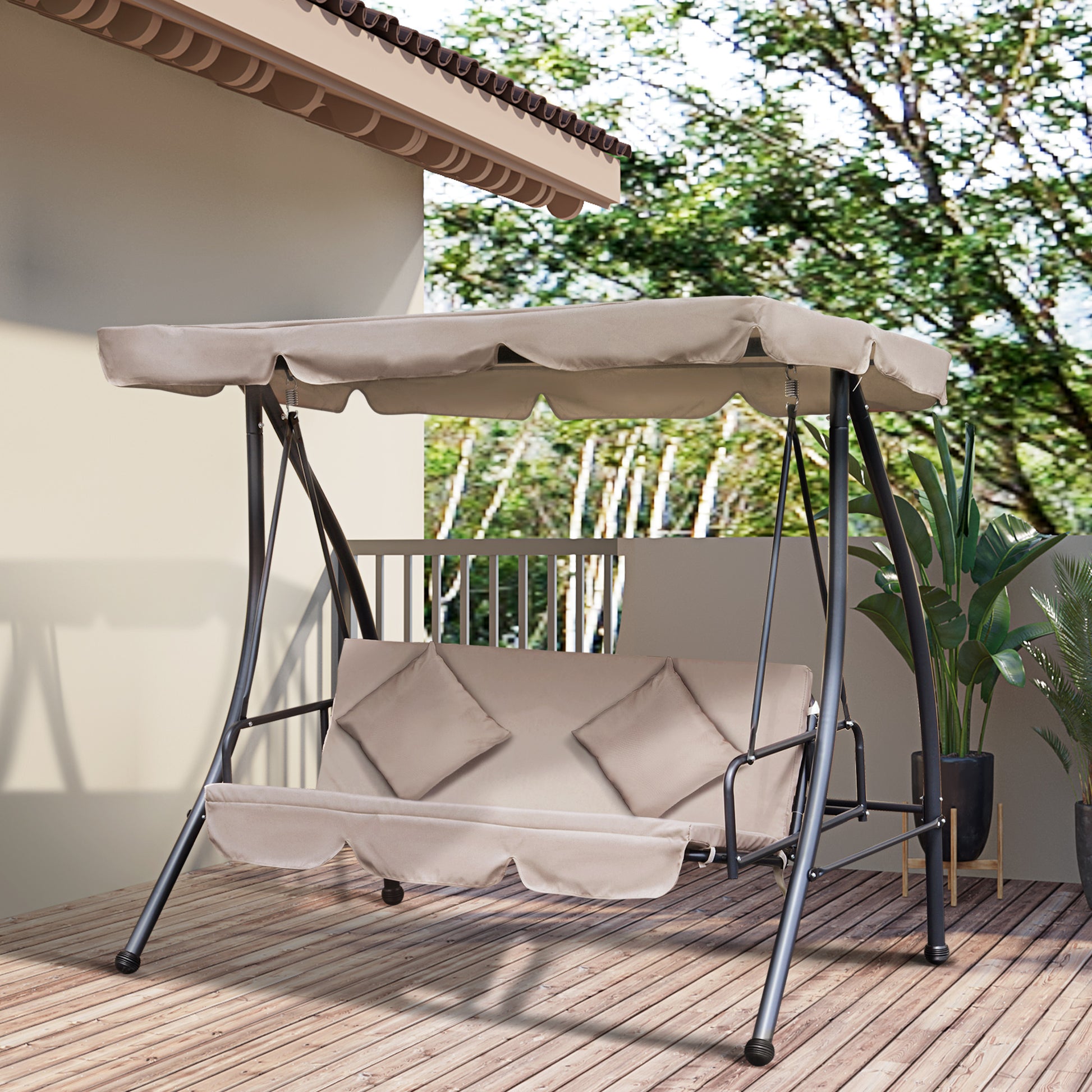 Outsunny Columpio Balancín Jardín de 3 Plazas Convertible en Cama con Techo Ajustable Cojín Acolchado y Almohadas para Balcón Terraza Carga 340 kg Acero 200x125x170 cm Beige