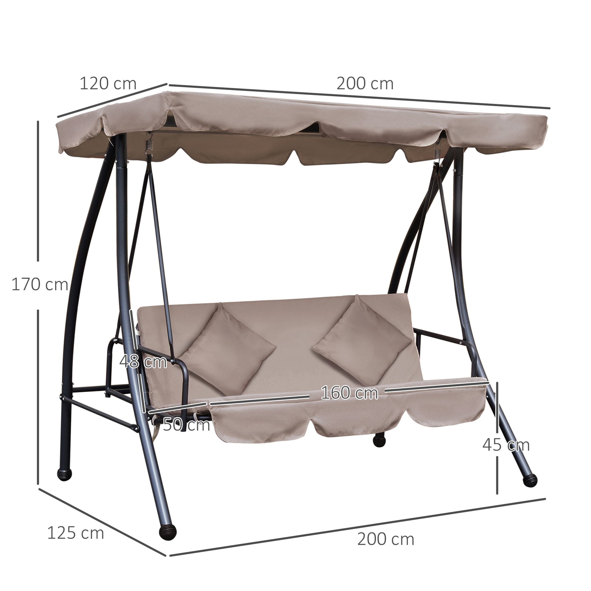 Outsunny Columpio Balancín Jardín de 3 Plazas Convertible en Cama con Techo Ajustable Cojín Acolchado y Almohadas para Balcón Terraza Carga 340 kg Acero 200x125x170 cm Beige