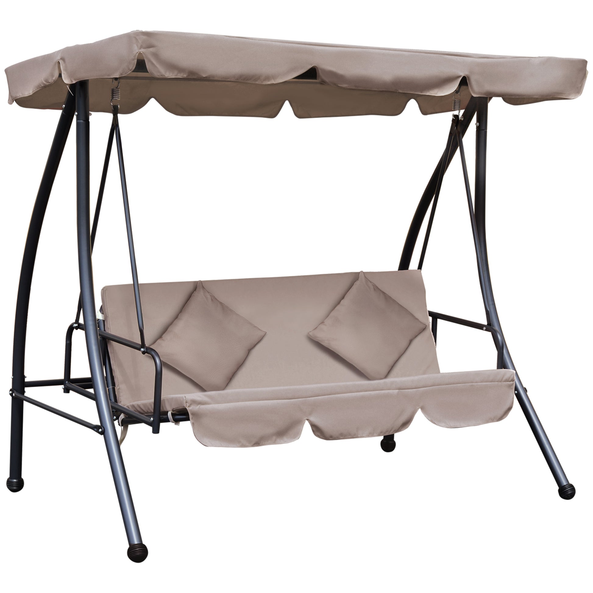 Outsunny Columpio Balancín Jardín de 3 Plazas Convertible en Cama con Techo Ajustable Cojín Acolchado y Almohadas para Balcón Terraza Carga 340 kg Acero 200x125x170 cm Beige