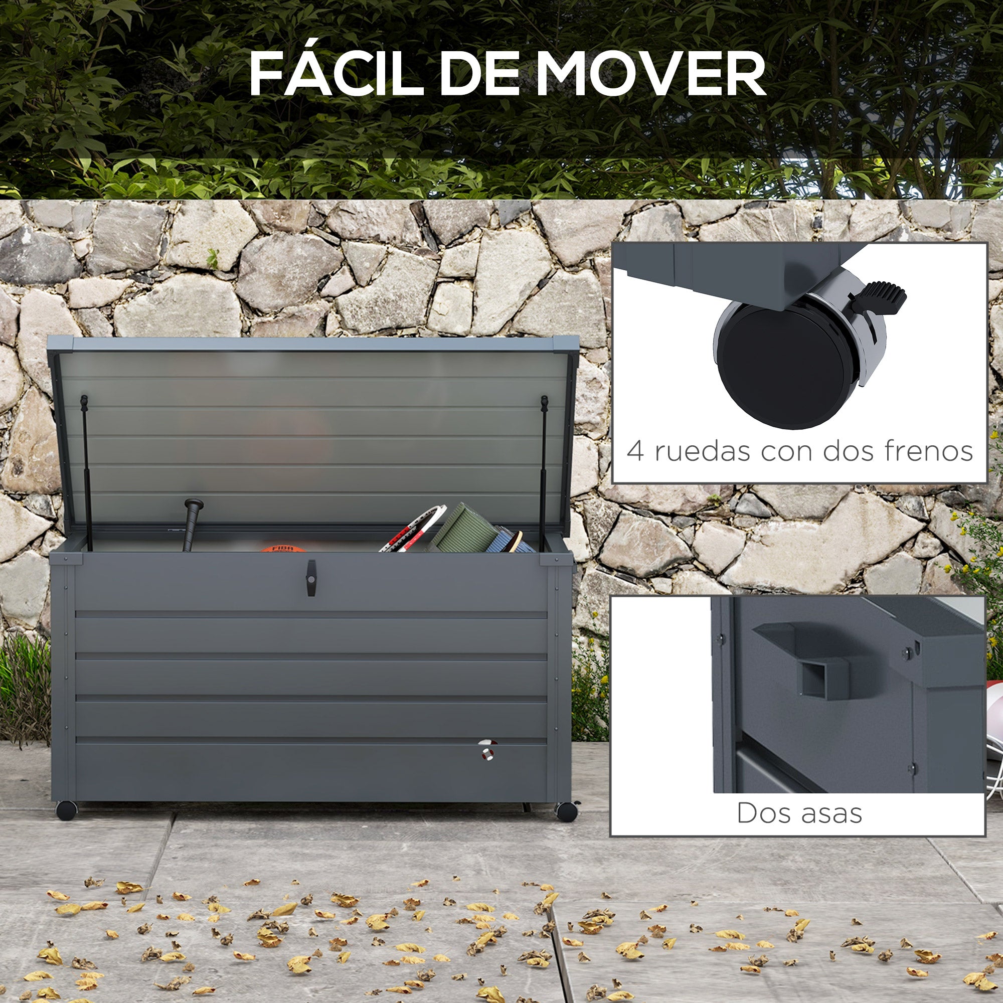 Outsunny Baúl de Exterior 311 L Arcón de Almacenaje de Acero Galvanizado con 4 Ruedas 2 Asas y 1 Cerradura con Llave para Jardín Patio 120x62x66 cm Gris Oscuro