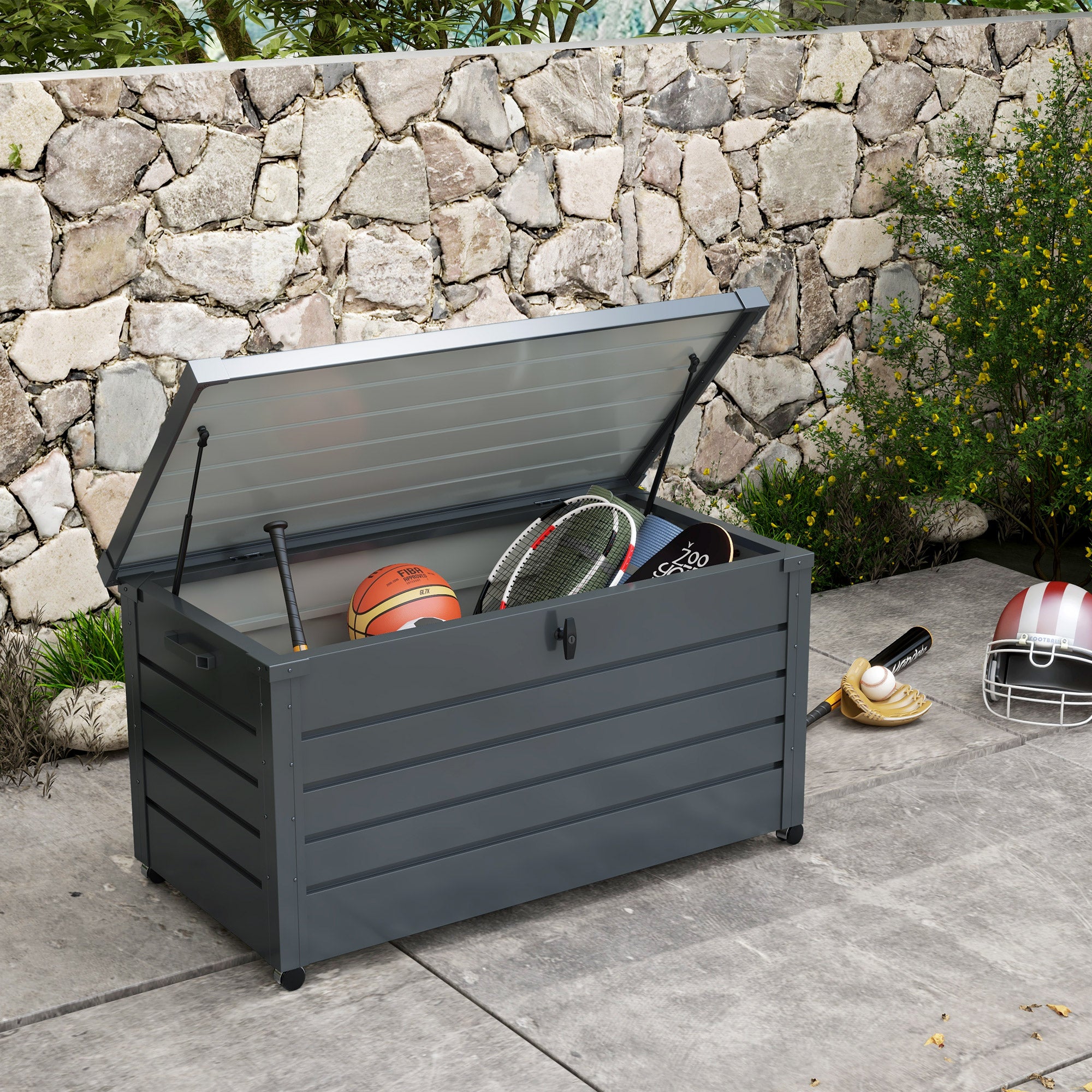 Outsunny Baúl de Exterior 311 L Arcón de Almacenaje de Acero Galvanizado con 4 Ruedas 2 Asas y 1 Cerradura con Llave para Jardín Patio 120x62x66 cm Gris Oscuro