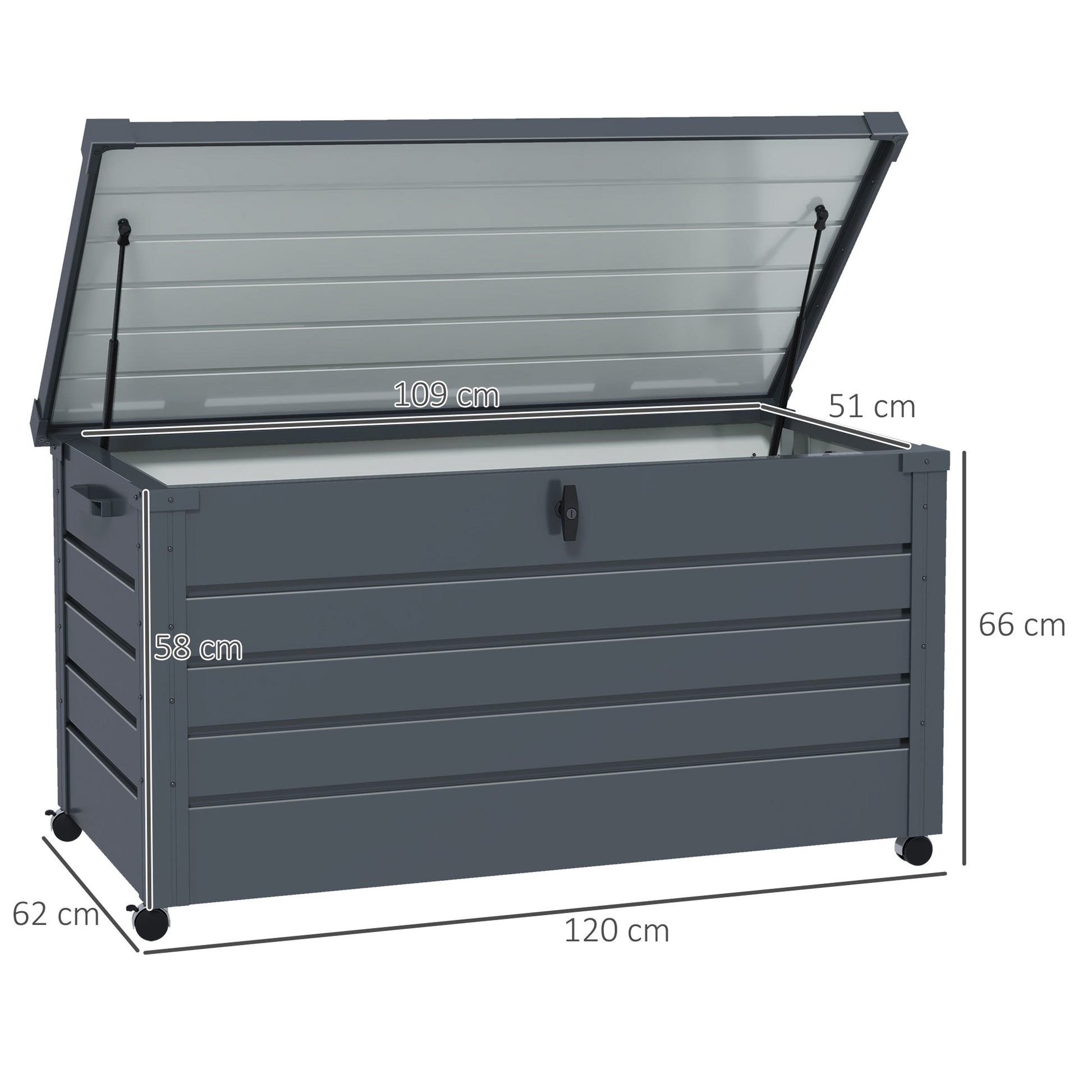 Outsunny Baúl de Exterior 311 L Arcón de Almacenaje de Acero Galvanizado con 4 Ruedas 2 Asas y 1 Cerradura con Llave para Jardín Patio 120x62x66 cm Gris Oscuro