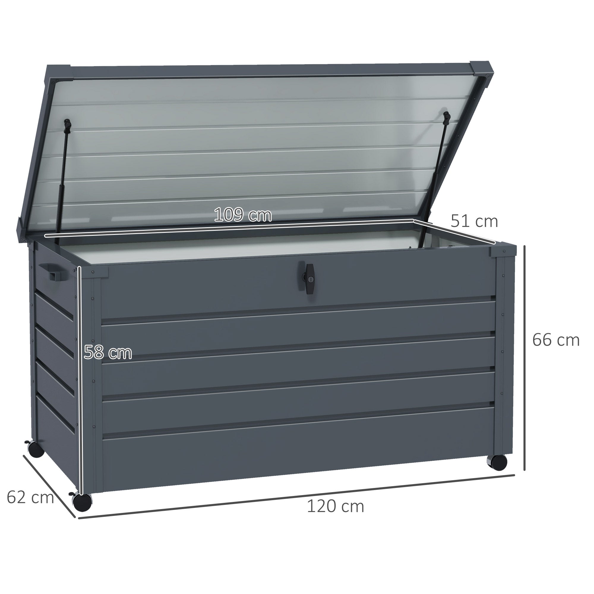 Outsunny Baúl de Exterior 311 L Arcón de Almacenaje de Acero Galvanizado con 4 Ruedas 2 Asas y 1 Cerradura con Llave para Jardín Patio 120x62x66 cm Gris Oscuro