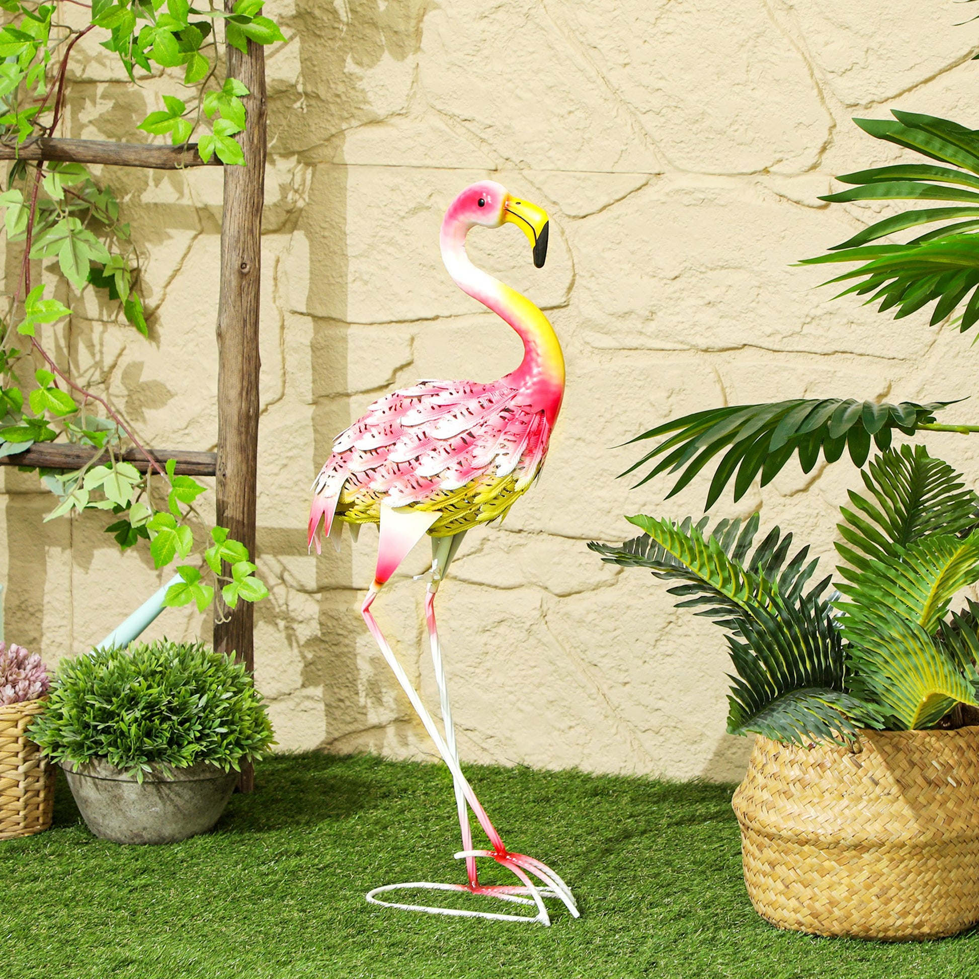 Outsunny Estatua de Jardín de Flamenco de Metal Adorno de Flamenco para Exteriores Escultura para Decoración de Césped Patio Estanque