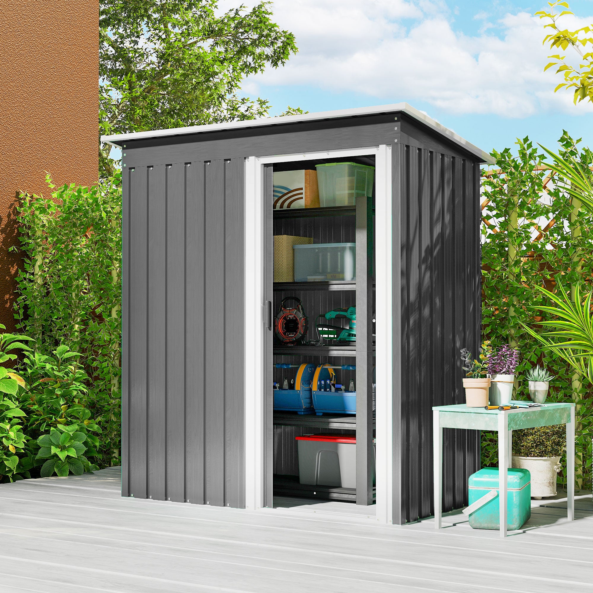 Outsunny Caseta de Jardín Exterior, 1,16 m², 163x89x182 cm, Cobertizo de Jardín Exterior Metálico con Puerta Corredera y Techo Inclinado, para Almacenamiento de Herramientas, Gris
