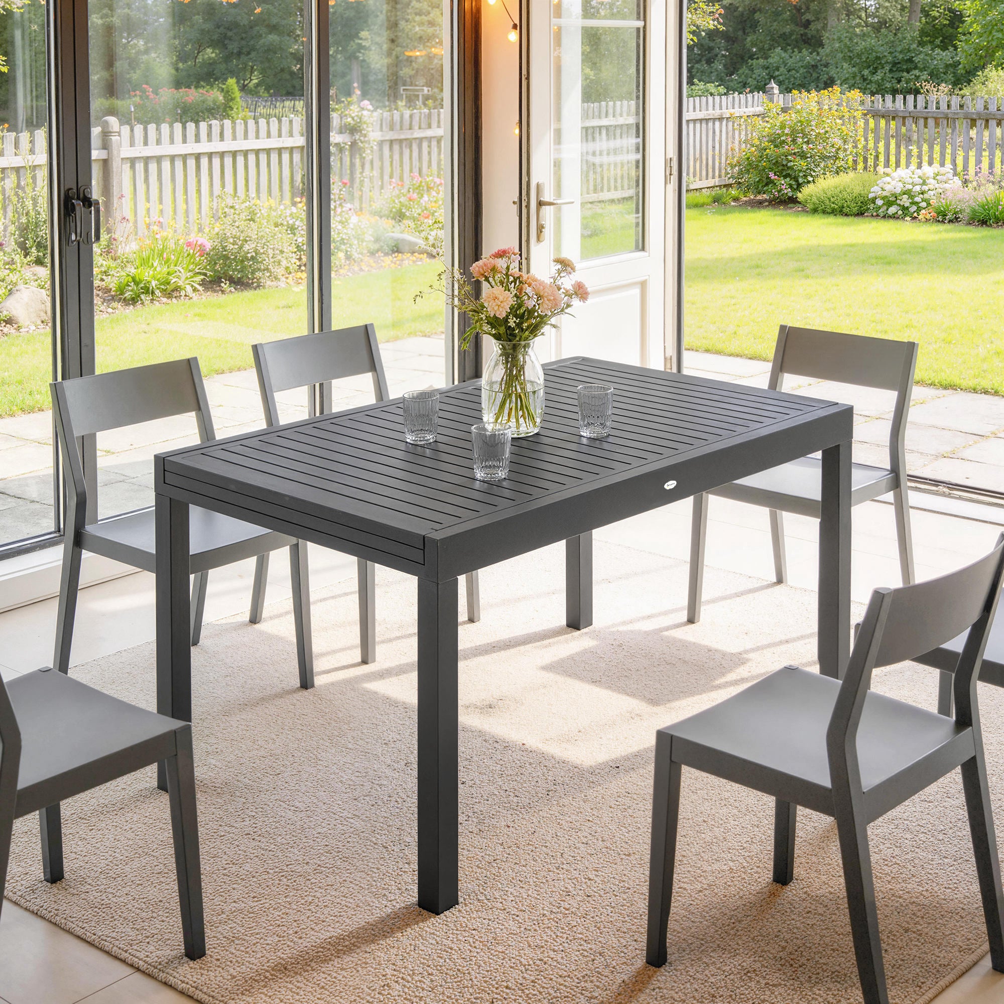 Outsunny Mesa de Jardín Extensible 135/270x90 cm, Mesa de Comedor Exterior Extensible Rectangular de Aluminio, con Superficie de Lamas para 6-10 Personas, para Patio, Terraza, Gris Oscuro