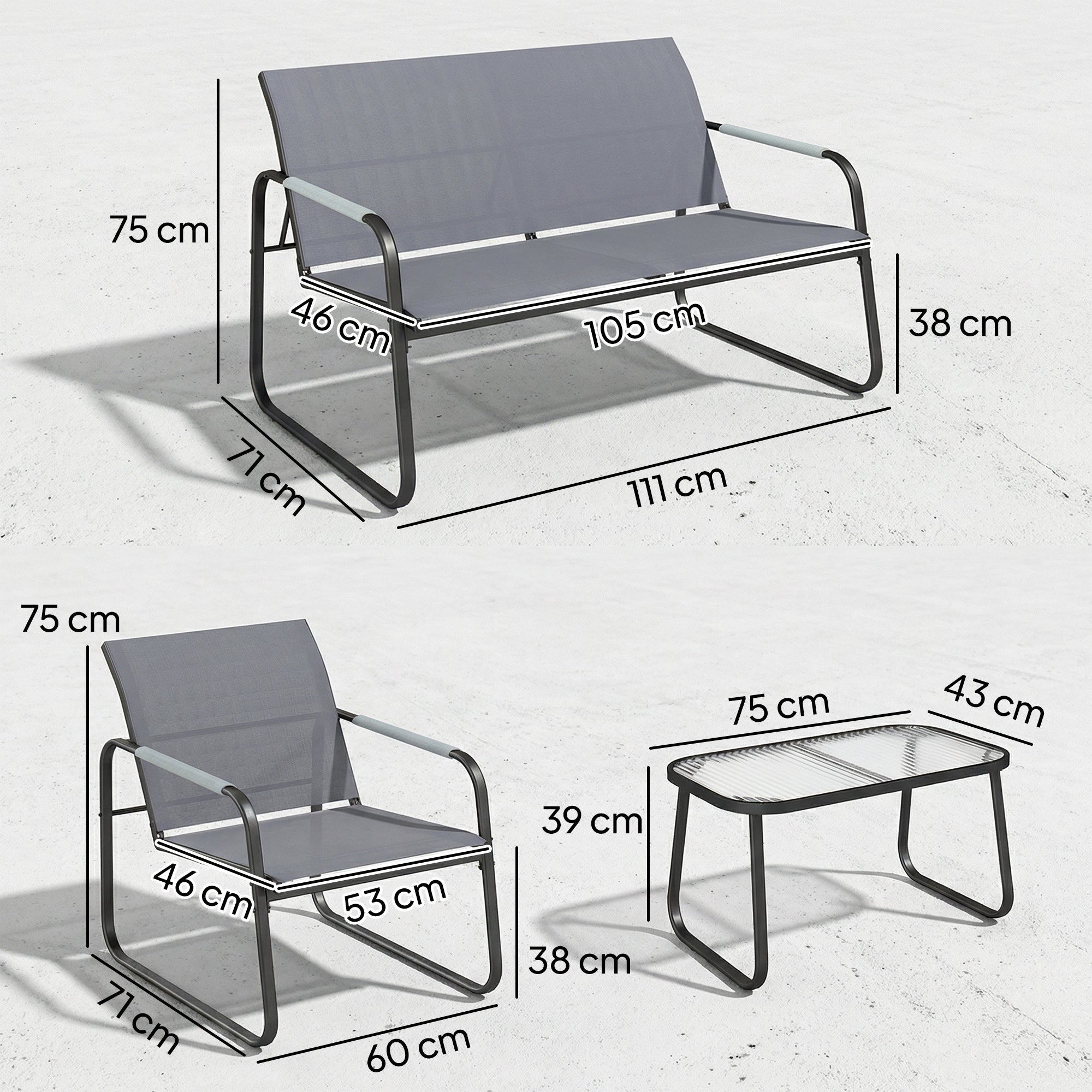 Outsunny Conjunto de Jardín Exterior de 4 Piezas, Muebles Jardín Exterior con 1 Sofá de 2 Plazas, 2 Sillones y Mesa de Vidrio Templado, Estructura de Acero y Textilene Transpirable, Gris