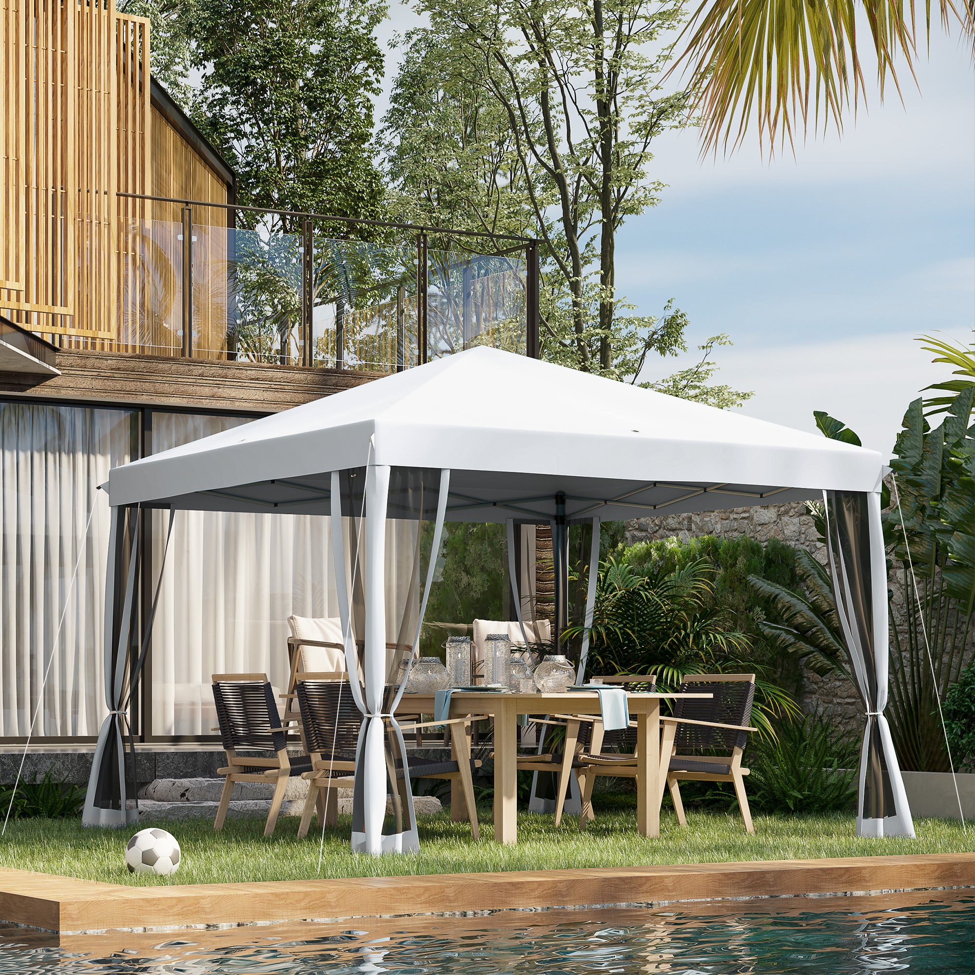 Outsunny Carpa Plegable 3x3 m Cenador de Jardín con 4 Paredes Laterales de Malla 8 Orificios de Drenaje Impermeable y Bolsa de Transporte Gazebo para Exterior Jardín Patio Fiestas Blanco