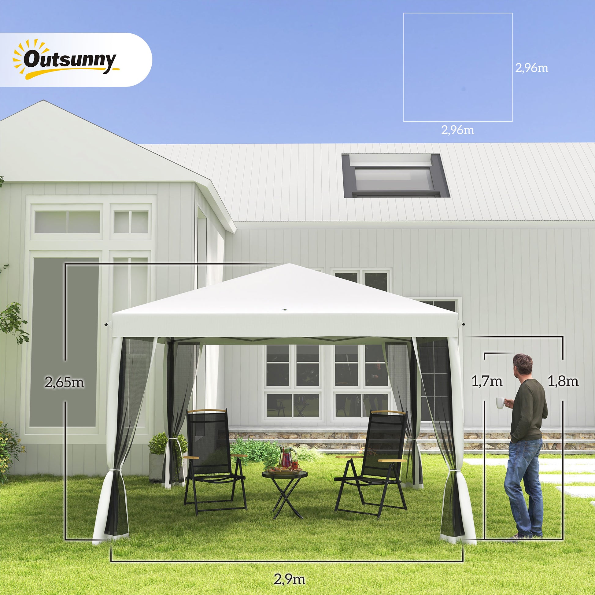 Outsunny Carpa Plegable 3x3 m Cenador de Jardín con 4 Paredes Laterales de Malla 8 Orificios de Drenaje Impermeable y Bolsa de Transporte Gazebo para Exterior Jardín Patio Fiestas Blanco