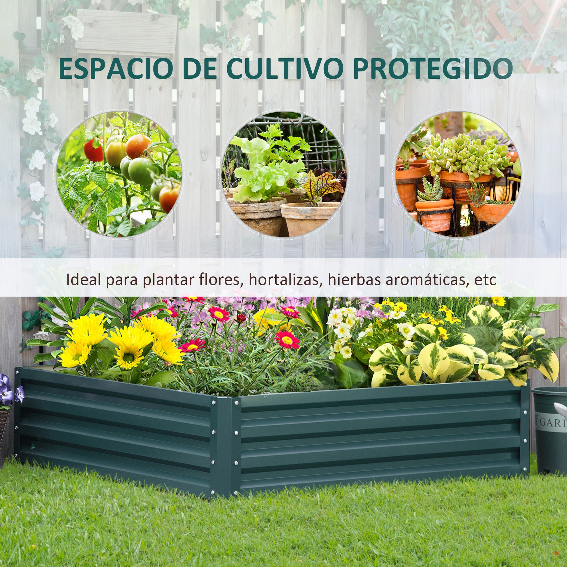 Outsunny Jardinera Exterior Grande Rectangular de Acero Galvanizado Huerto Urbano para Cultivar Plantas Flores Hierba Macetero Grande Exterior con Base Abierta 120x120x30 cm Verde