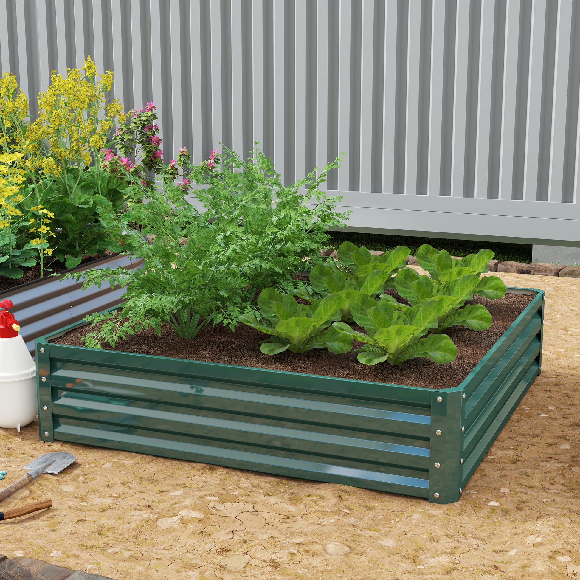 Outsunny Jardinera Exterior Grande Rectangular de Acero Galvanizado Huerto Urbano para Cultivar Plantas Flores Hierba Macetero Grande Exterior con Base Abierta 120x120x30 cm Verde