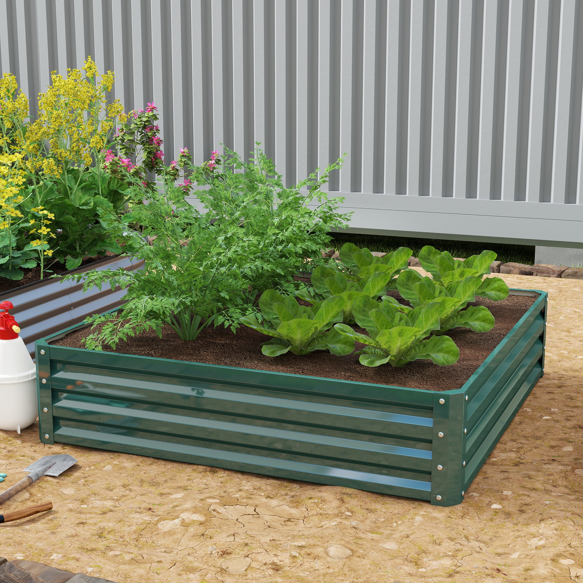 Outsunny Jardinera Exterior Grande Rectangular de Acero Galvanizado Huerto Urbano para Cultivar Plantas Flores Hierba Macetero Grande Exterior con Base Abierta 120x120x30 cm Verde