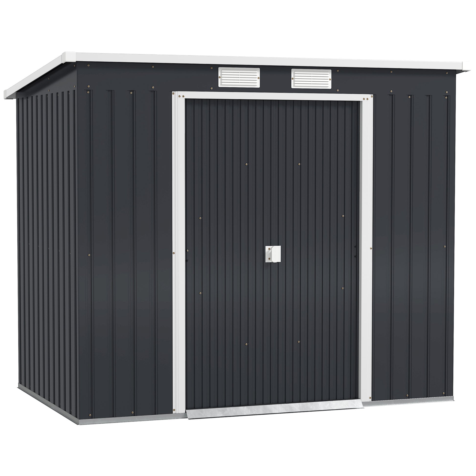 Outsunny Caseta de Jardín Exterior 2,4 m², 213x130x172 cm, Cobertizo de Jardín Exterior Metálico con Puerta Corredera, Techo Inclinado, Base Refuerzo (Suelo NO Incluido) y 2 Ventanas, Gris Oscuro