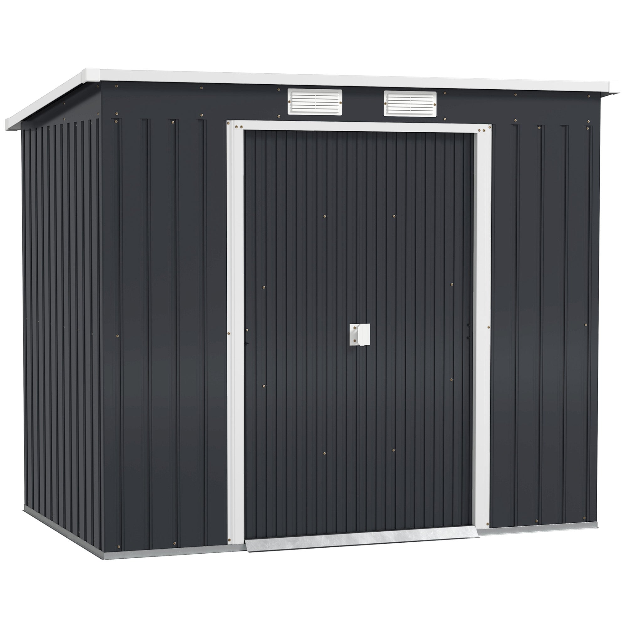 Outsunny Caseta de Jardín Exterior 2,4 m², 213x130x172 cm, Cobertizo de Jardín Exterior Metálico con Puerta Corredera, Techo Inclinado, Base Refuerzo (Suelo NO Incluido) y 2 Ventanas, Gris Oscuro
