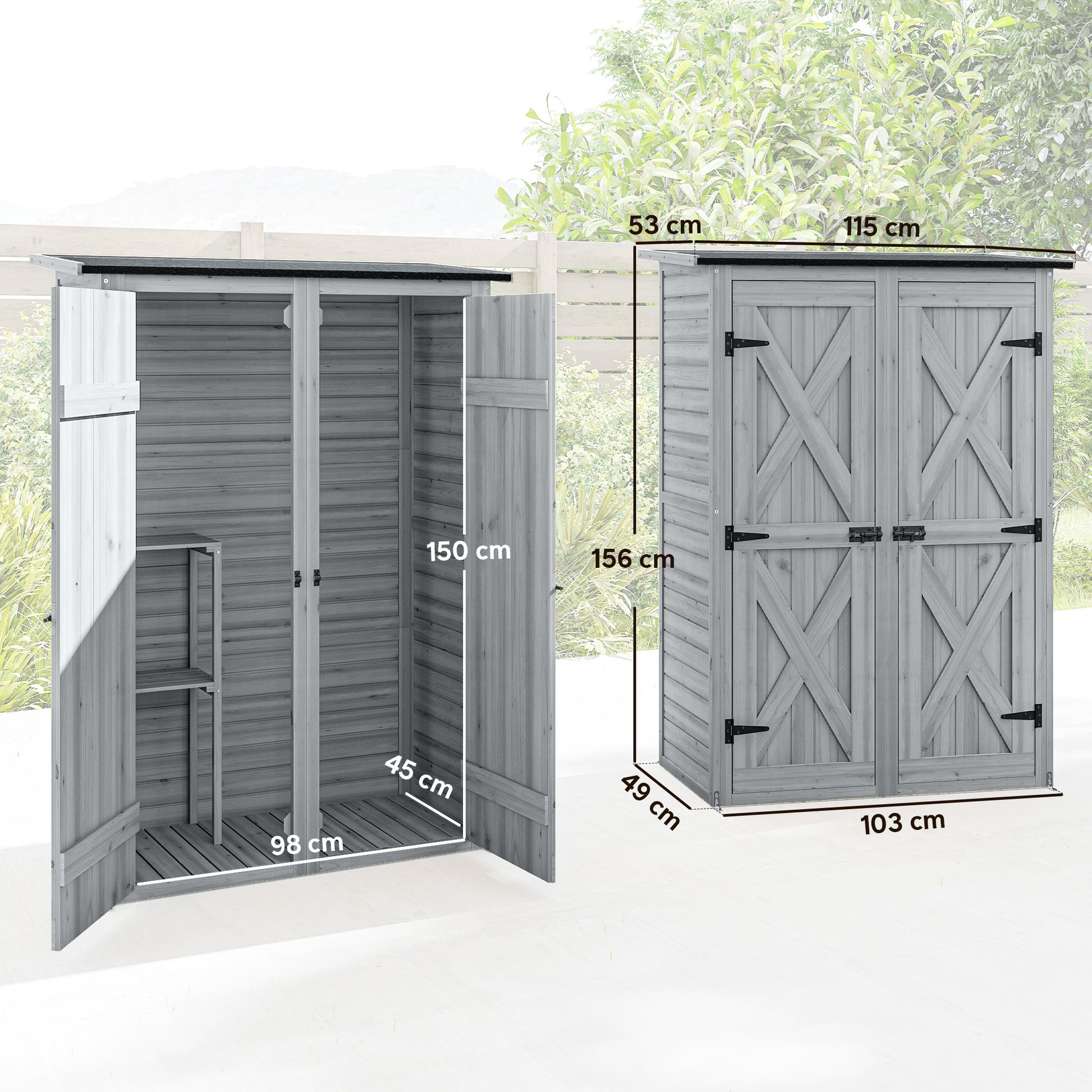 Outsunny Caseta de Jardín de Madera 115x53x156 cm Cobertizo Jardín Exterior Armario Exterior para Herramientas con Puertas Dobles con Pestillo 2 Estantes y Techo Inclinado Fijación con Estacas Gris