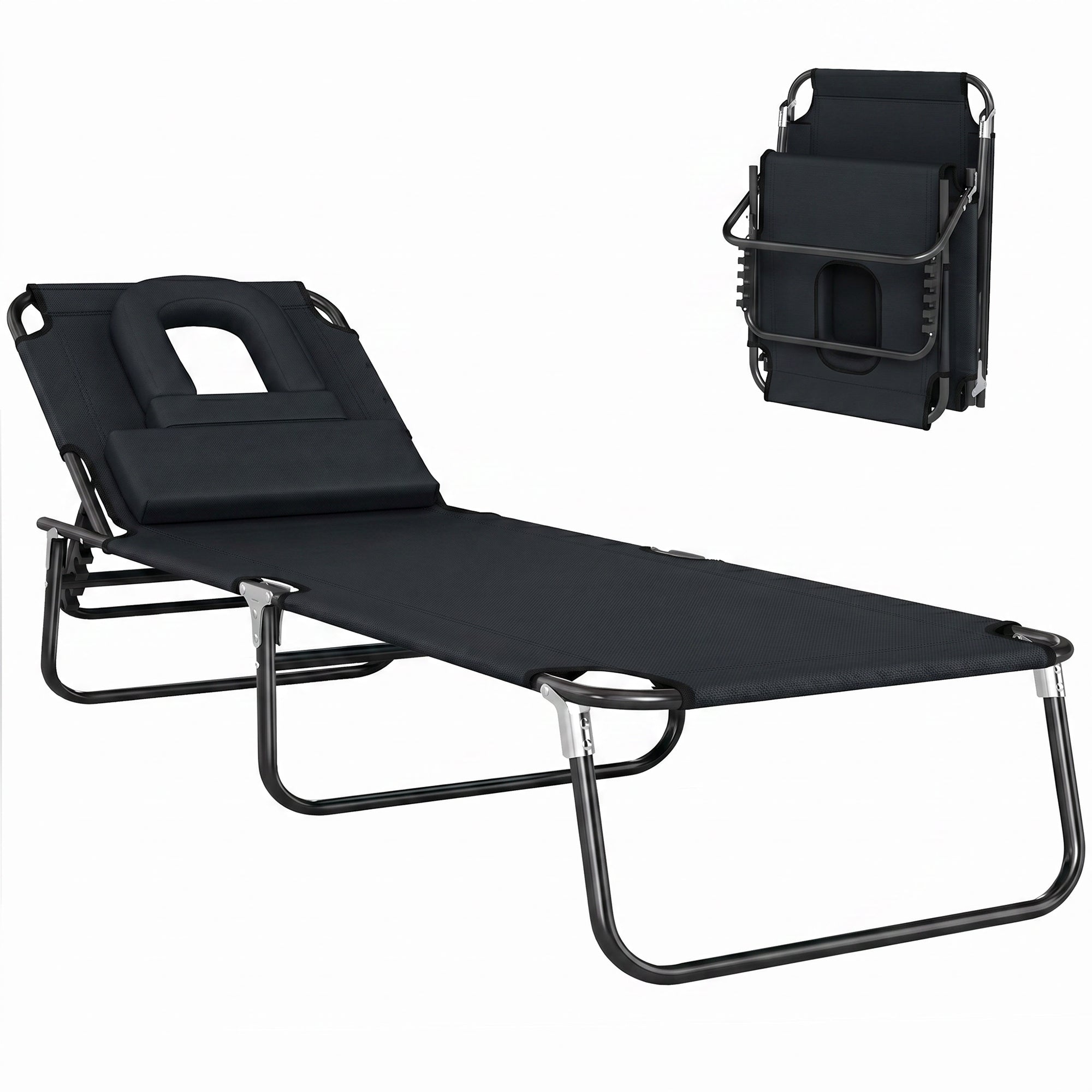 Outsunny Tumbona Plegable con Respaldo Regulable en 4 Posiciones Tumbona de Jardín con Orificio de Lectura Almohada Marco Metálico y Tela Oxford para Playa Terraza Carga 120 kg 190x56x28 cm Negro