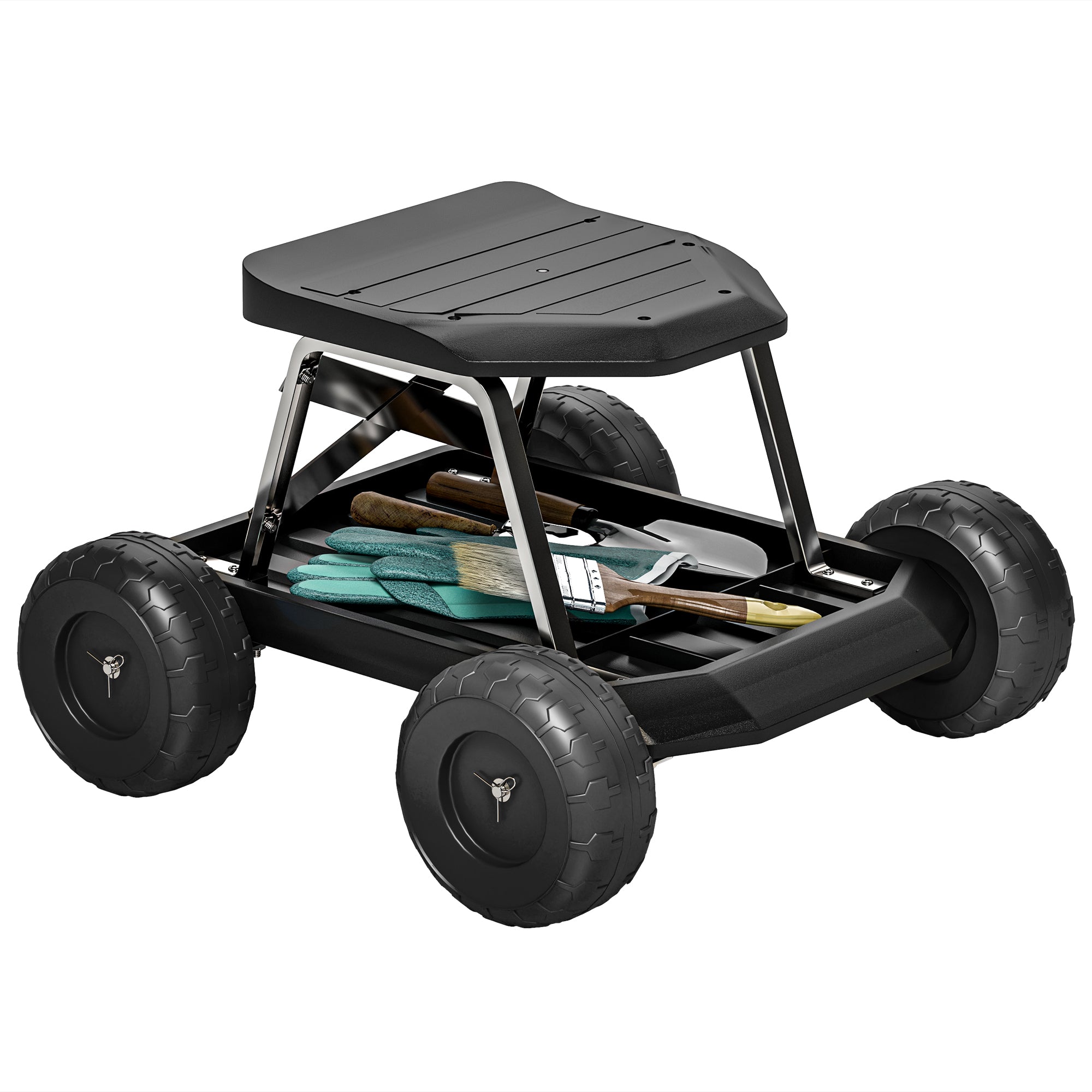 Outsunny Asiento de Jardín con Ruedas Taburete de Jardinería con Bandeja de Herramientas Carrito para Trabajo Carga 130 kg para Patio Exterior Negro