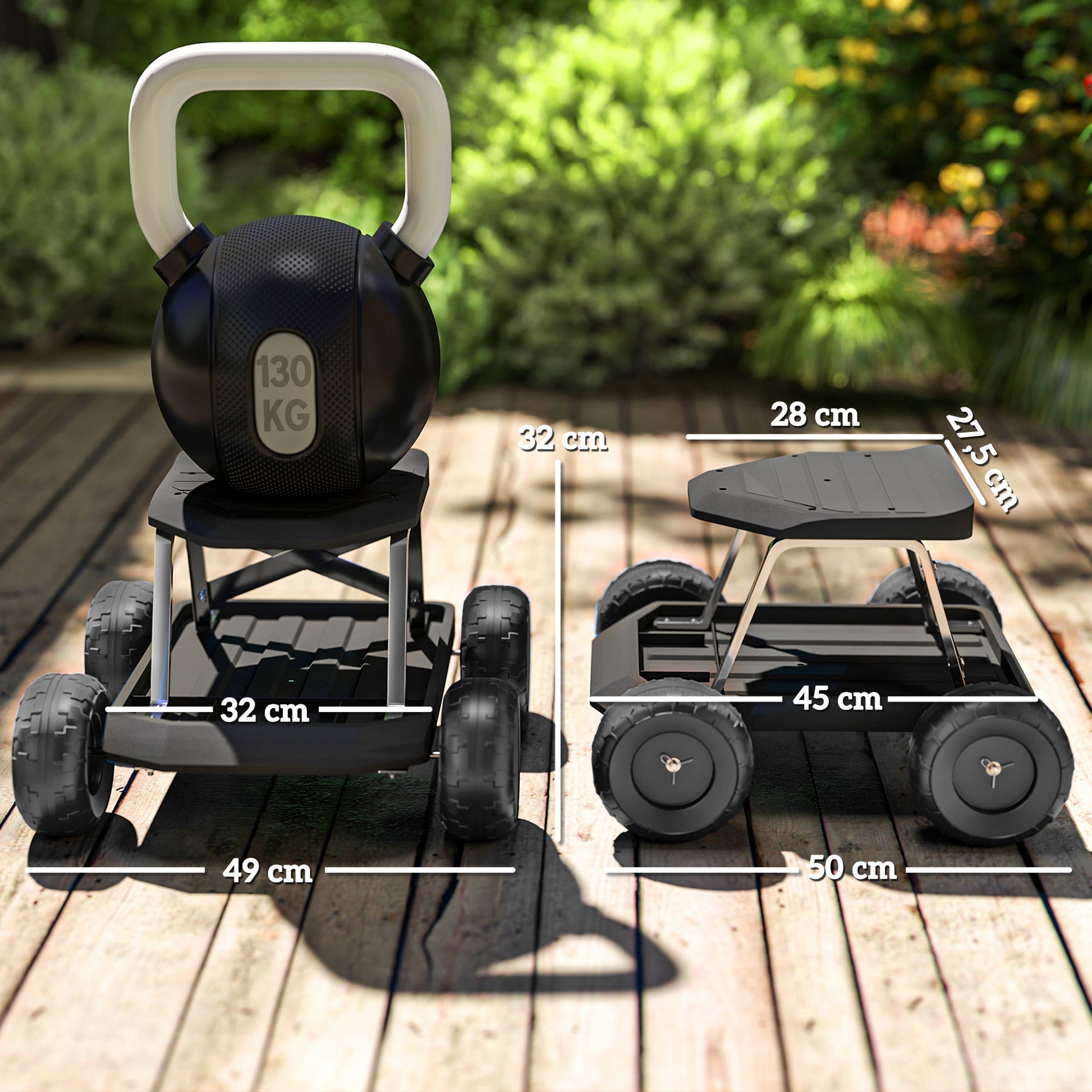 Outsunny Asiento de Jardín con Ruedas Taburete de Jardinería con Bandeja de Herramientas Carrito para Trabajo Carga 130 kg para Patio Exterior Negro