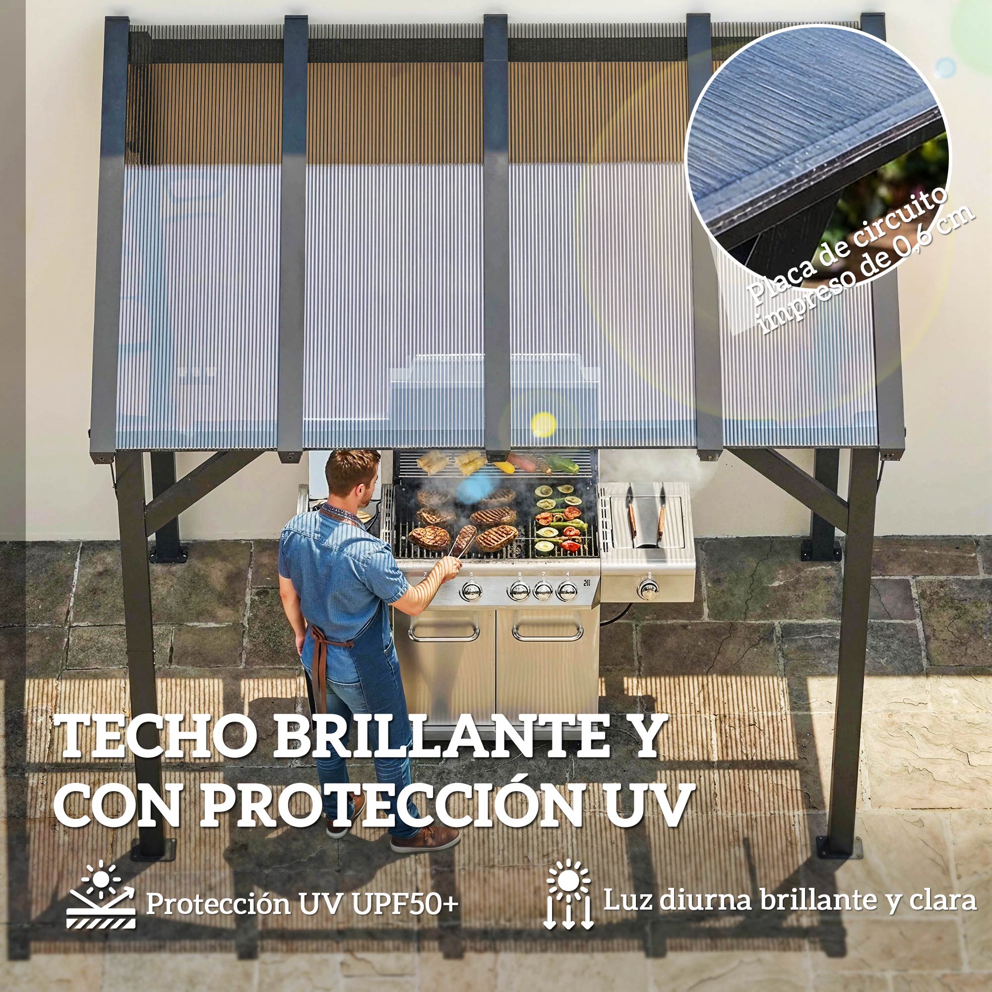 Outsunny Carpa Barbacoa 2,5x1,5 m, Gazebo para Barbacoa con Techo Inclinable de Policarbonato, UPF50+, Estructura de Metal Galvanizado y Aluminio, Diseño Adosado para Jardín Exterior, BBQ, Gris Oscuro