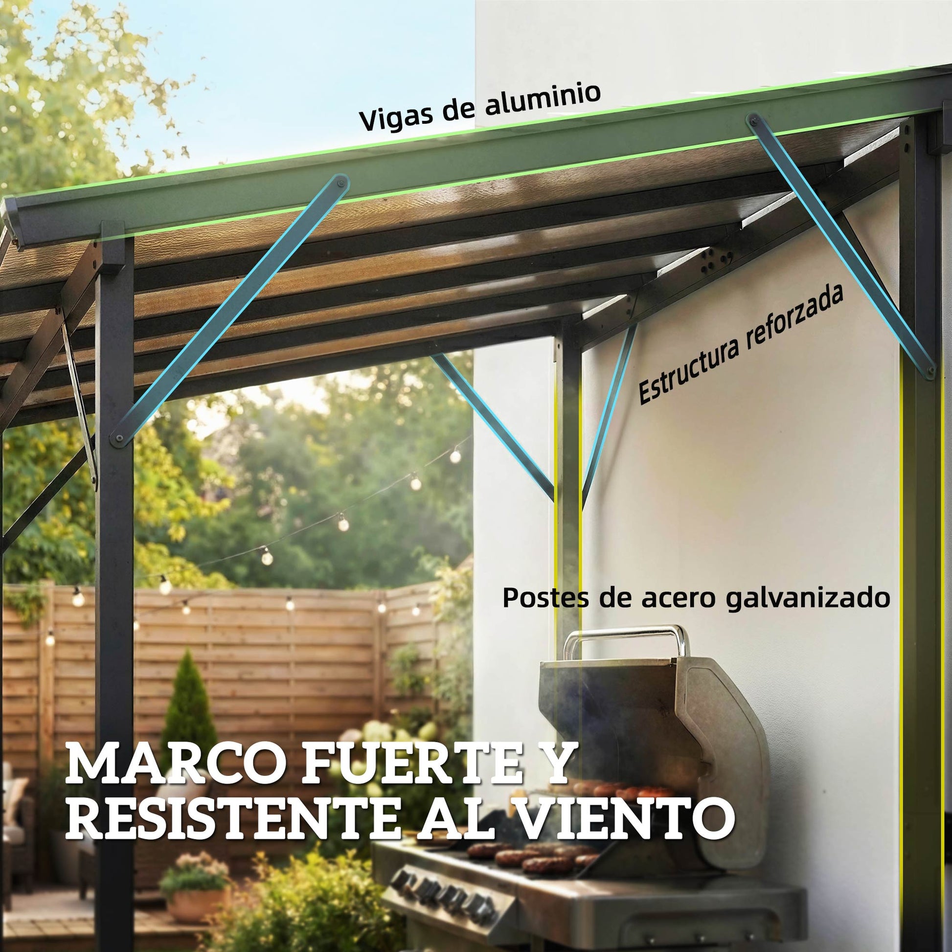 Outsunny Carpa Barbacoa 2,5x1,5 m, Gazebo para Barbacoa con Techo Inclinable de Policarbonato, UPF50+, Estructura de Metal Galvanizado y Aluminio, Diseño Adosado para Jardín Exterior, BBQ, Gris Oscuro