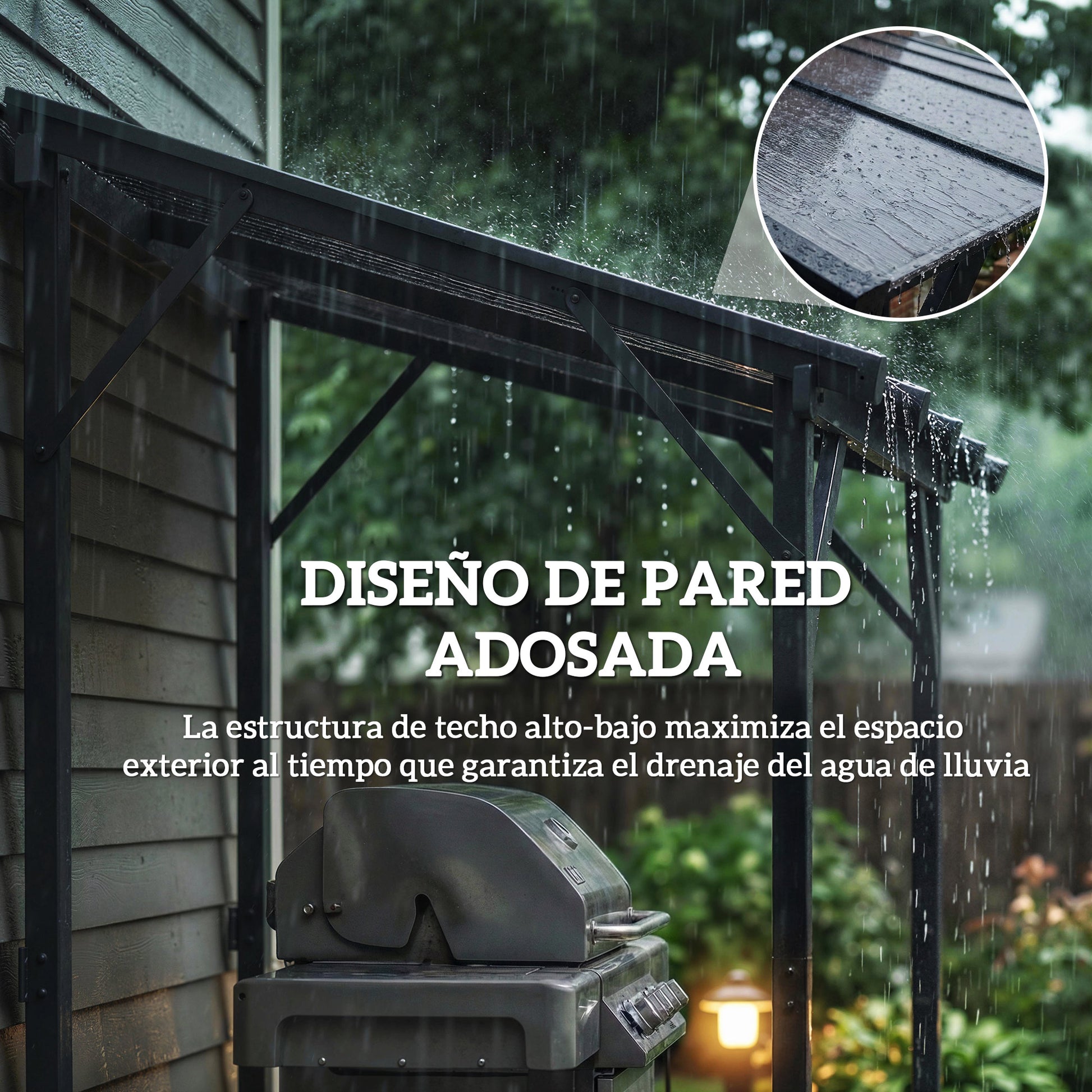Outsunny Carpa Barbacoa 2,5x1,5 m, Gazebo para Barbacoa con Techo Inclinable de Policarbonato, UPF50+, Estructura de Metal Galvanizado y Aluminio, Diseño Adosado para Jardín Exterior, BBQ, Gris Oscuro