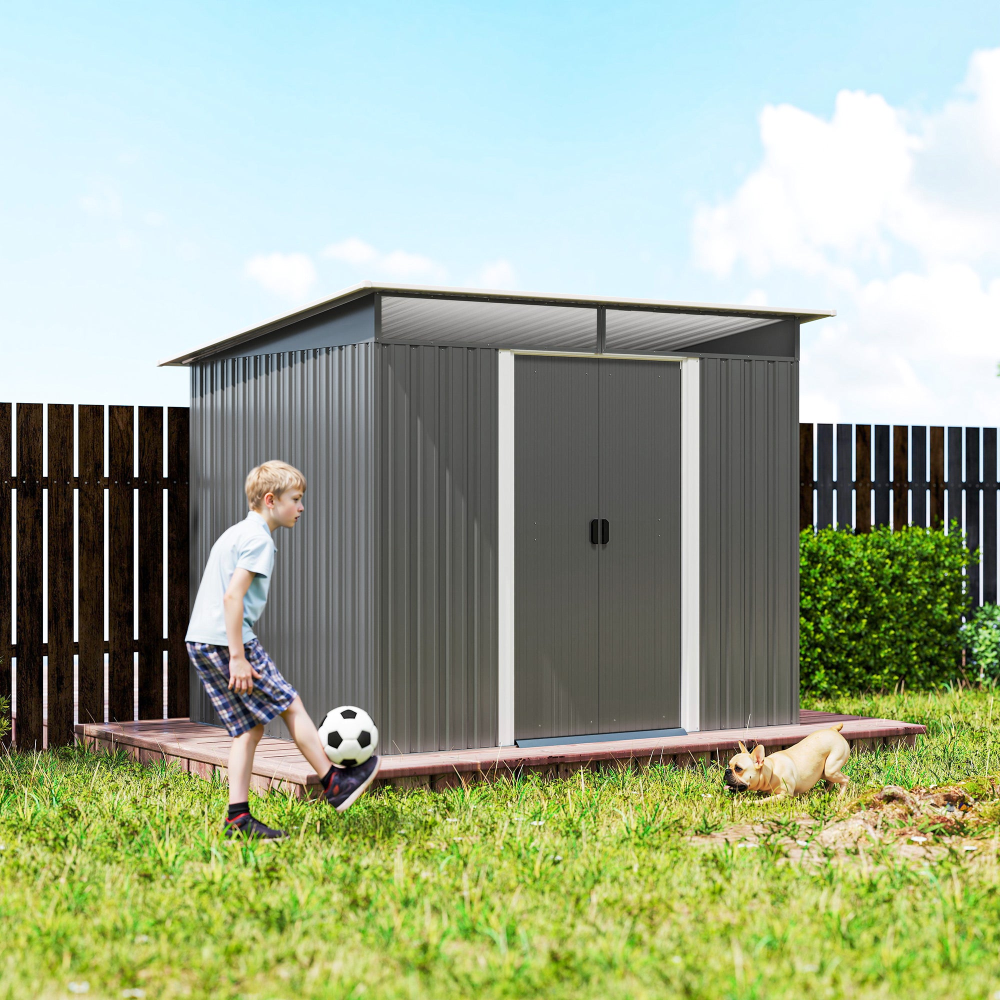 Outsunny Cobertizo de Jardín Exterior 4,5 m² 260x194x200 cm Caseta de Jardín Exterior Metálica con Paneles Frontales Transparentes y 2 Puertas Corredizas para Almacenamiento de Herramientas Gris