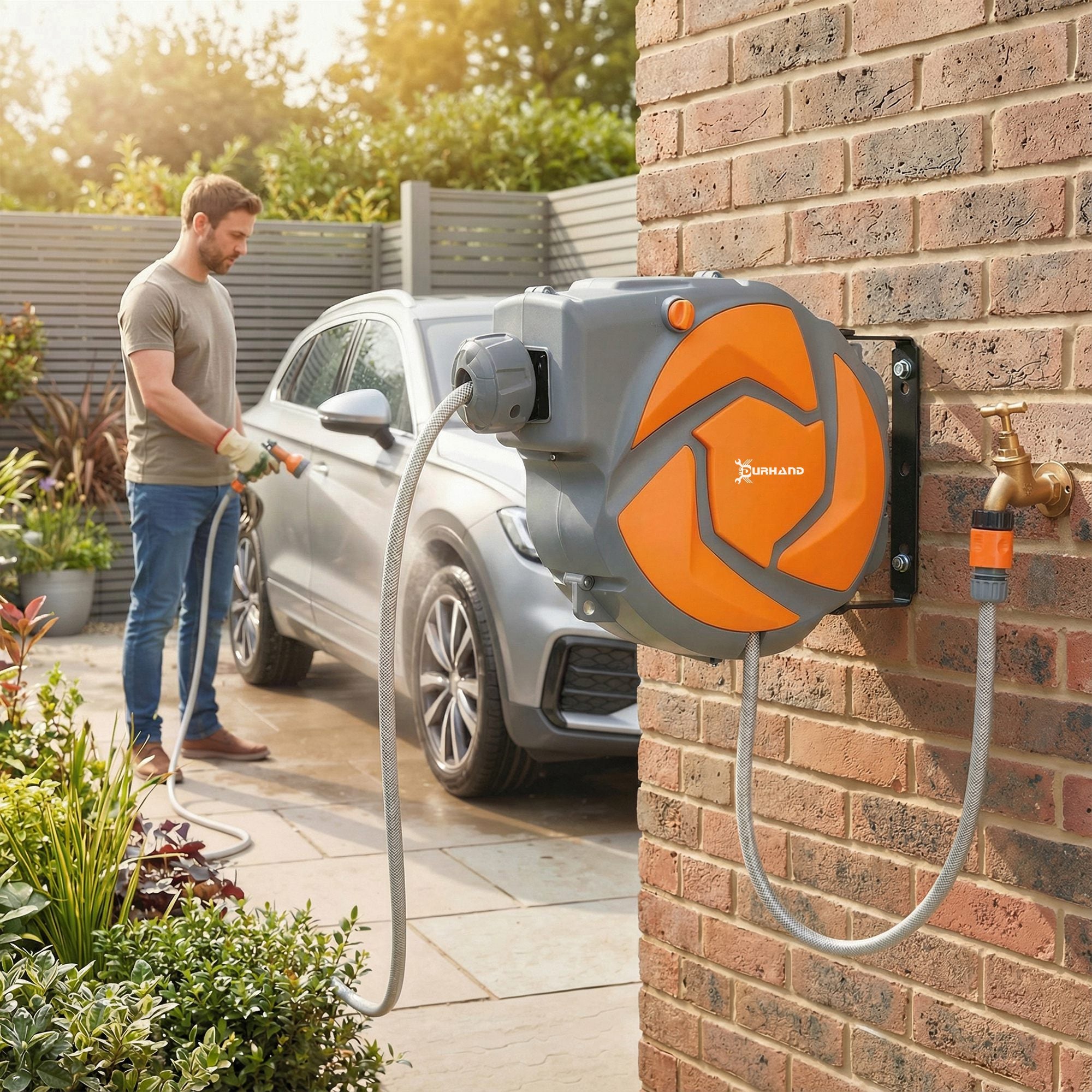 DURHAND Enrollador de Manguera para Jardín 10+1 m con Boquilla de 7 Funciones, Carrete de Manguera de Jardín de Pared, Giratorio 180°, con Retorno Enrollado Automático, Gris Oscuro y Naranja