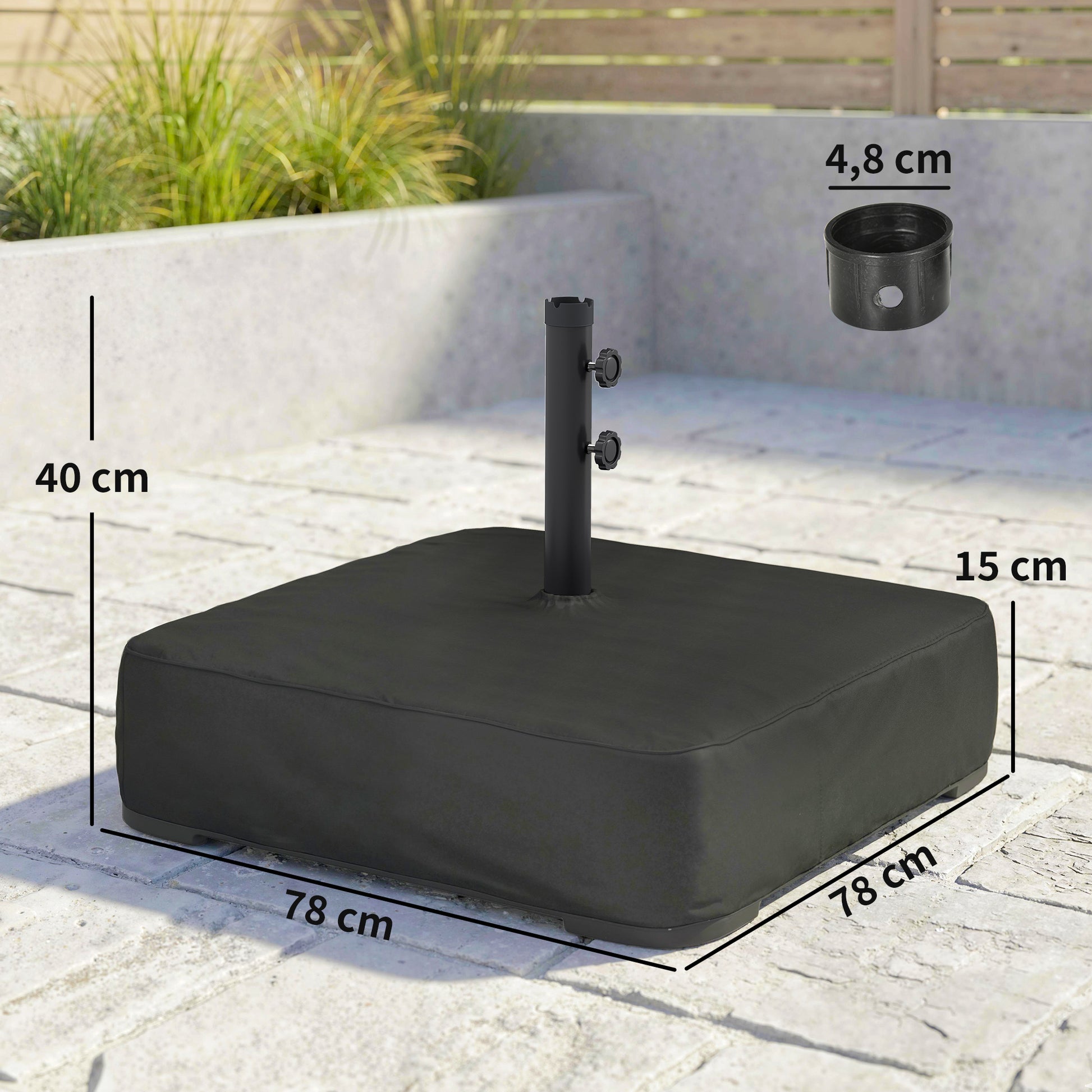 Outsunny Base para Sombrilla Cuadrada con Funda, Soporte de Parasol con Bolsas de Arena, Pie para Sombrilla con Postes Ø48 mm, Rellenable de Arena 80 kg Arena Húmeda 90 kg, para Jardín, Terraza, Negro