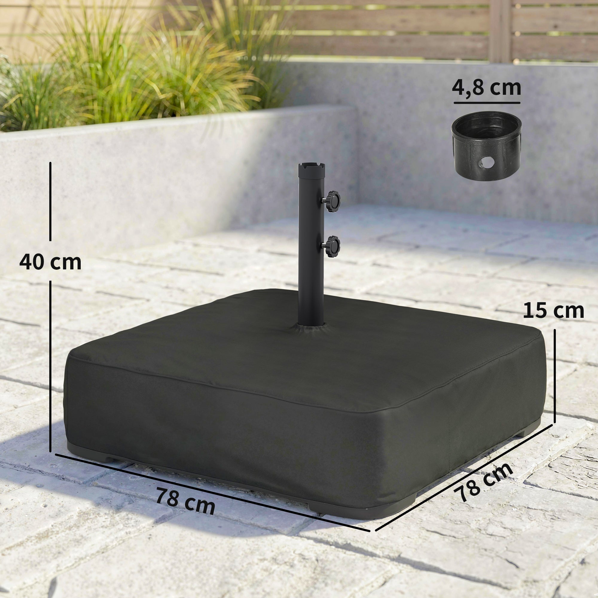 Outsunny Base para Sombrilla Cuadrada con Funda, Soporte de Parasol con Bolsas de Arena, Pie para Sombrilla con Postes Ø48 mm, Rellenable de Arena 80 kg Arena Húmeda 90 kg, para Jardín, Terraza, Negro