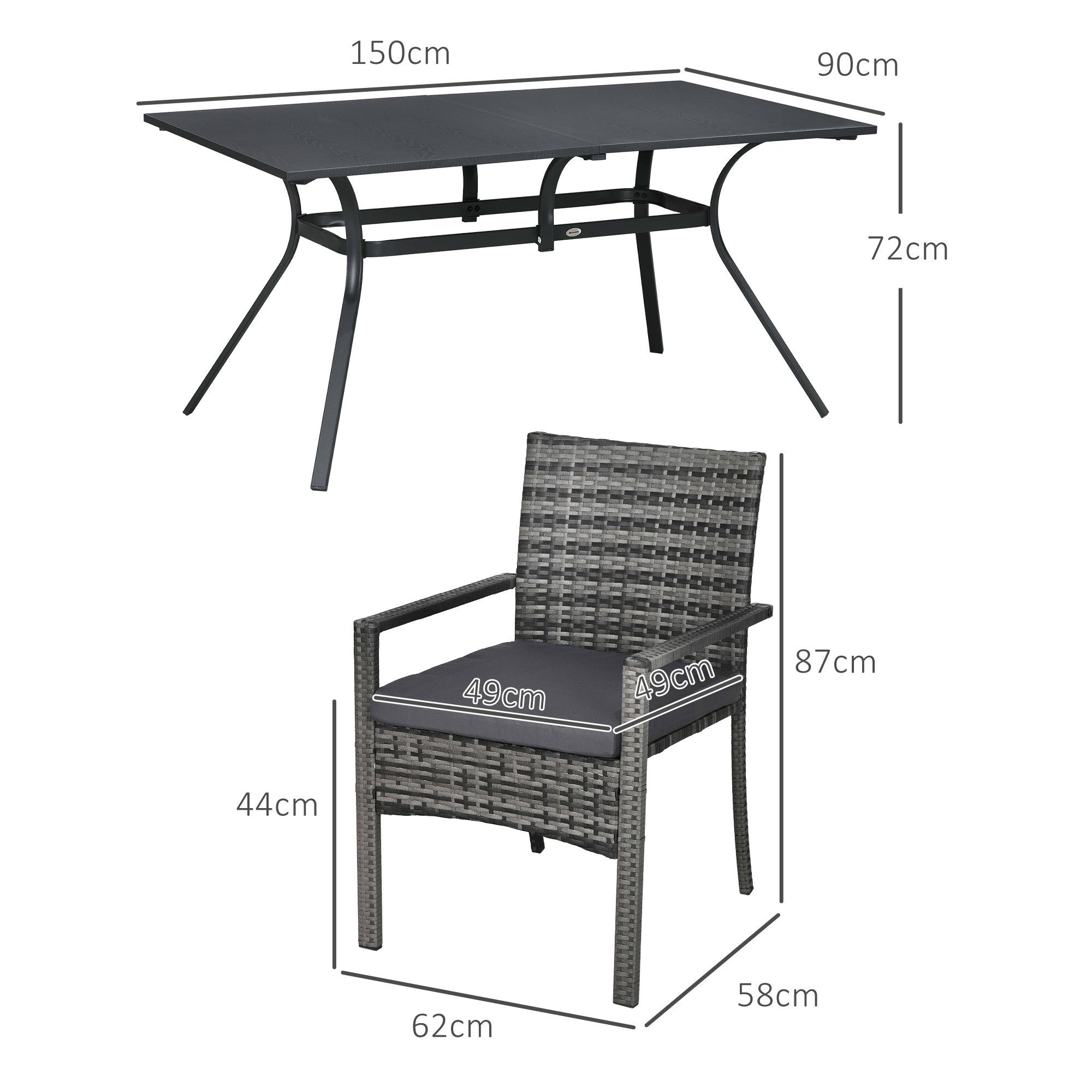 Outsunny Conjunto de Jardín de Ratán Sintético Juego de Muebles de Jardín para Exterior de Ratán de 7 Piezas Incluye 6 Sillas con Cojines Extraíbles y Mesa de Metal Gris