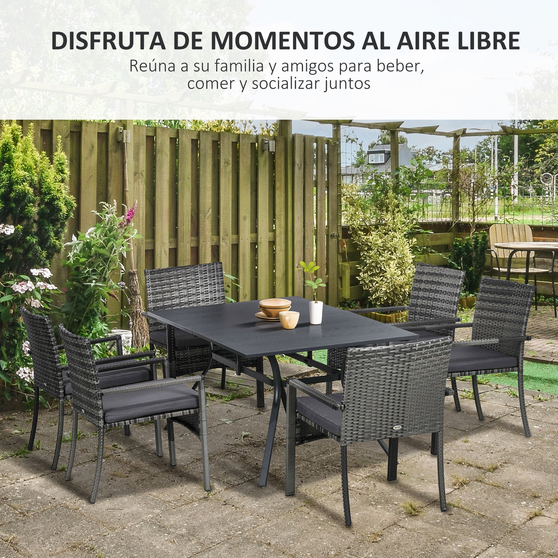 Outsunny Conjunto de Jardín de Ratán Sintético Juego de Muebles de Jardín para Exterior de Ratán de 7 Piezas Incluye 6 Sillas con Cojines Extraíbles y Mesa de Metal Gris