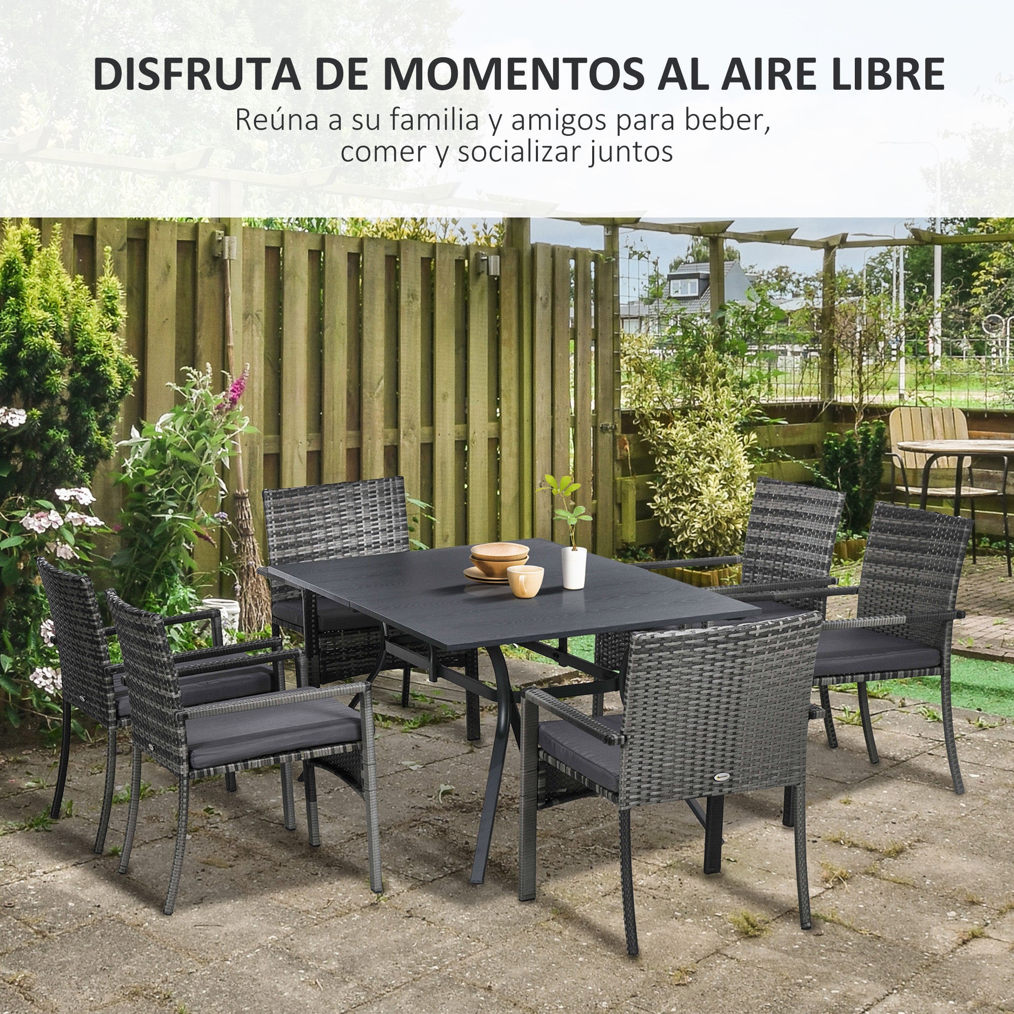 Outsunny Conjunto de Jardín de Ratán Sintético Juego de Muebles de Jardín para Exterior de Ratán de 7 Piezas Incluye 6 Sillas con Cojines Extraíbles y Mesa de Metal Gris