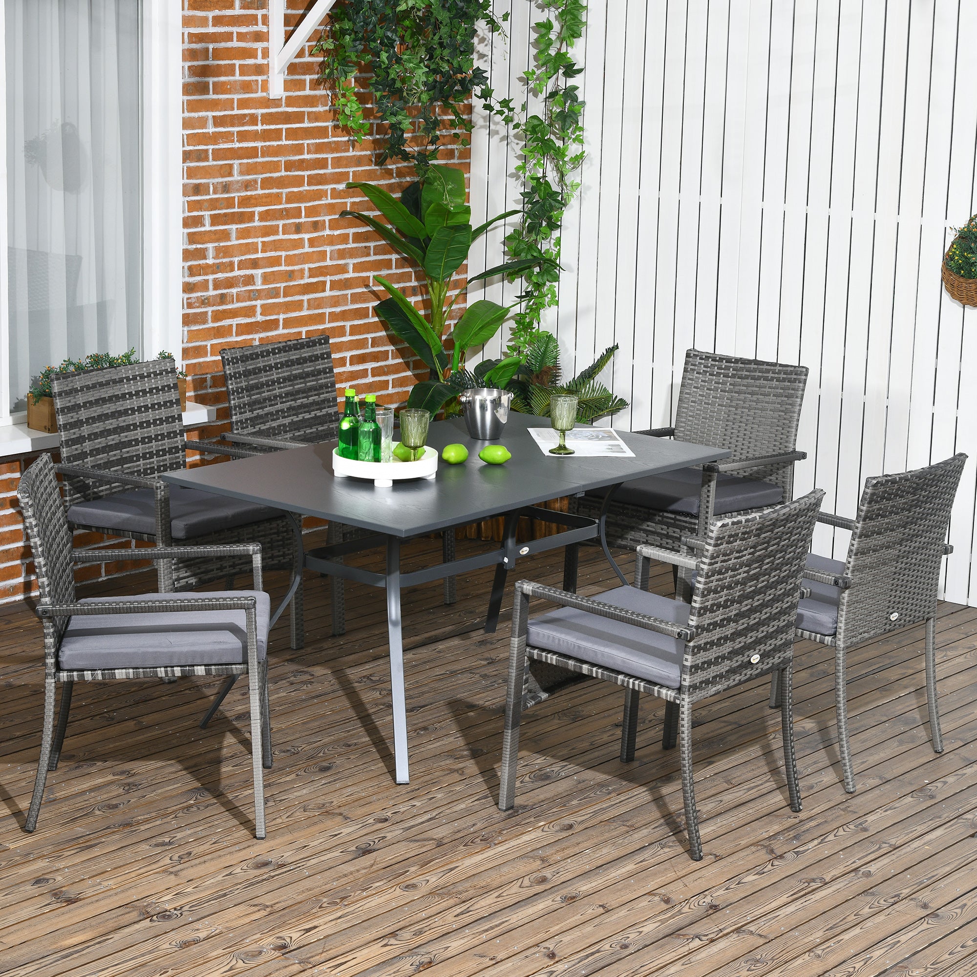 Outsunny Conjunto de Jardín de Ratán Sintético Juego de Muebles de Jardín para Exterior de Ratán de 7 Piezas Incluye 6 Sillas con Cojines Extraíbles y Mesa de Metal Gris