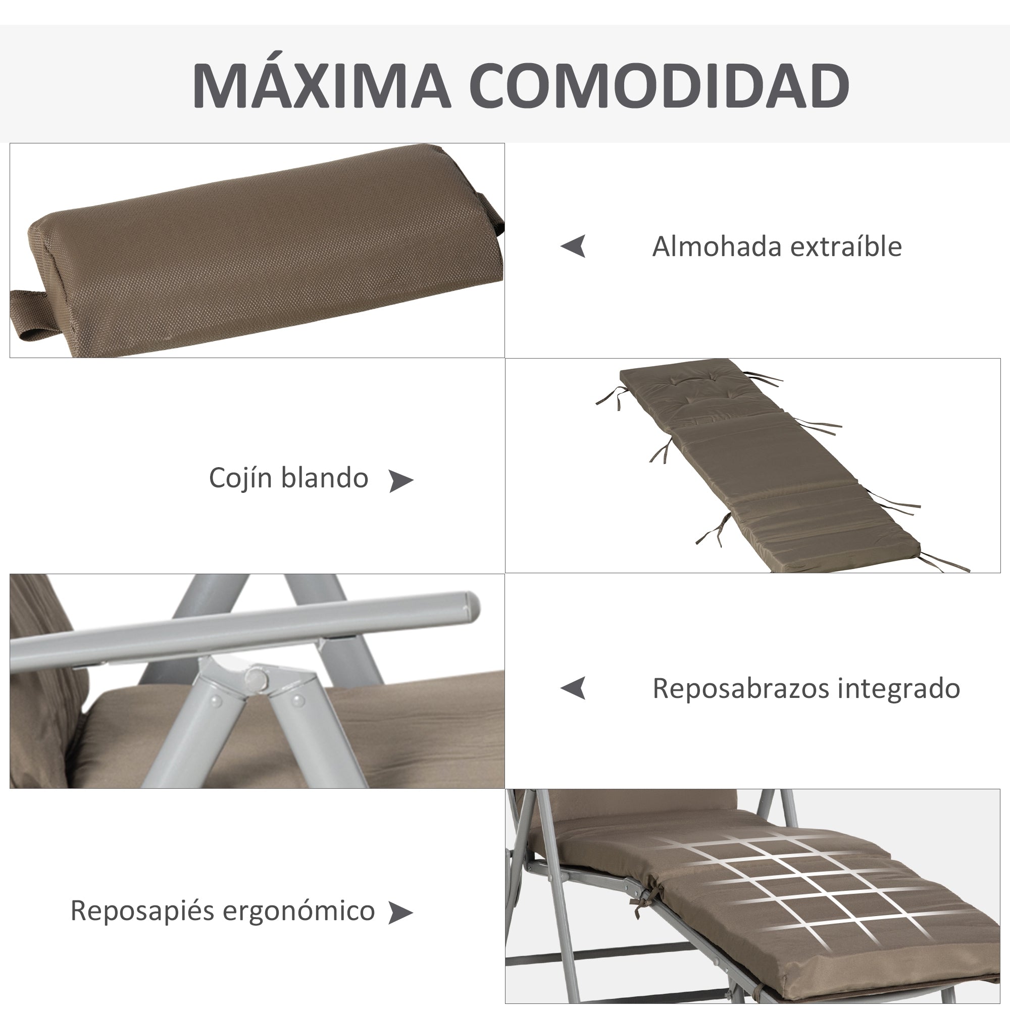 Outsunny Tumbona Plegable Tumbona de Jardín con Respaldo Ajustable en 7 Posiciones con Cojín Cuerpo Entero y Cabeza para Terraza Piscina Carga 165 kg 137x63,5x100,5 cm Marrón