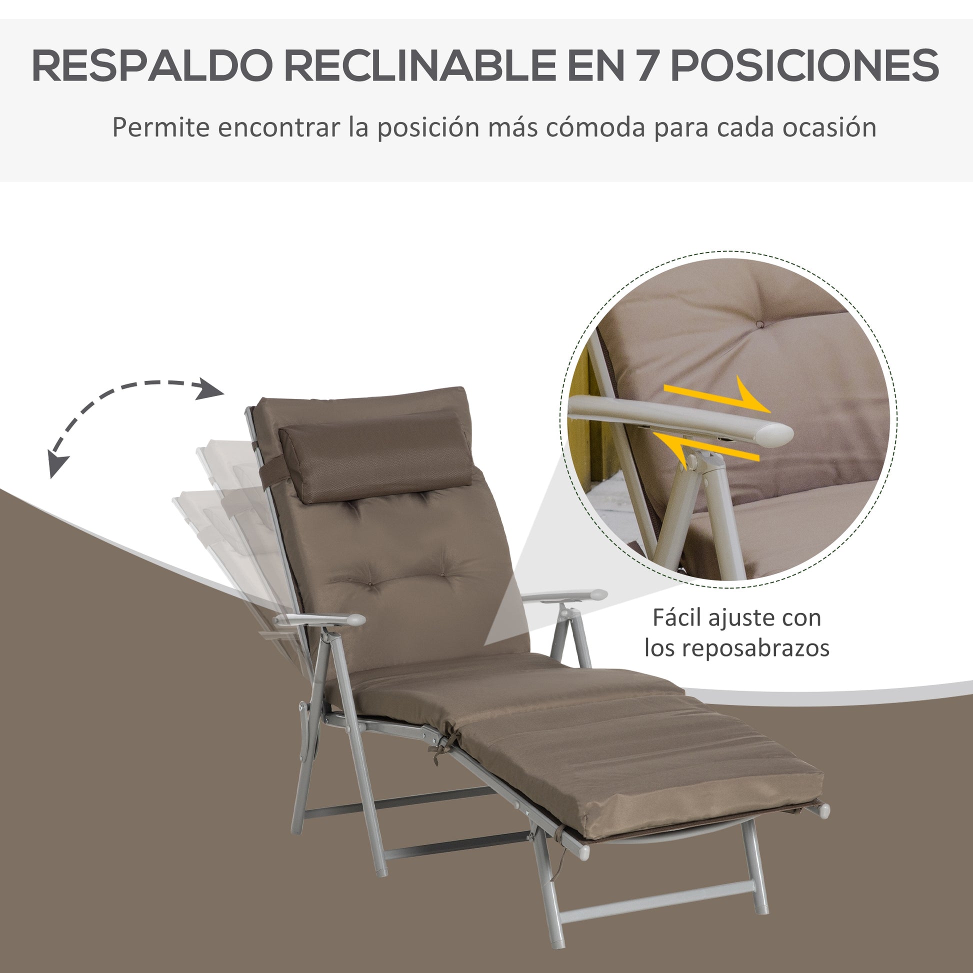 Outsunny Tumbona Plegable Tumbona de Jardín con Respaldo Ajustable en 7 Posiciones con Cojín Cuerpo Entero y Cabeza para Terraza Piscina Carga 165 kg 137x63,5x100,5 cm Marrón