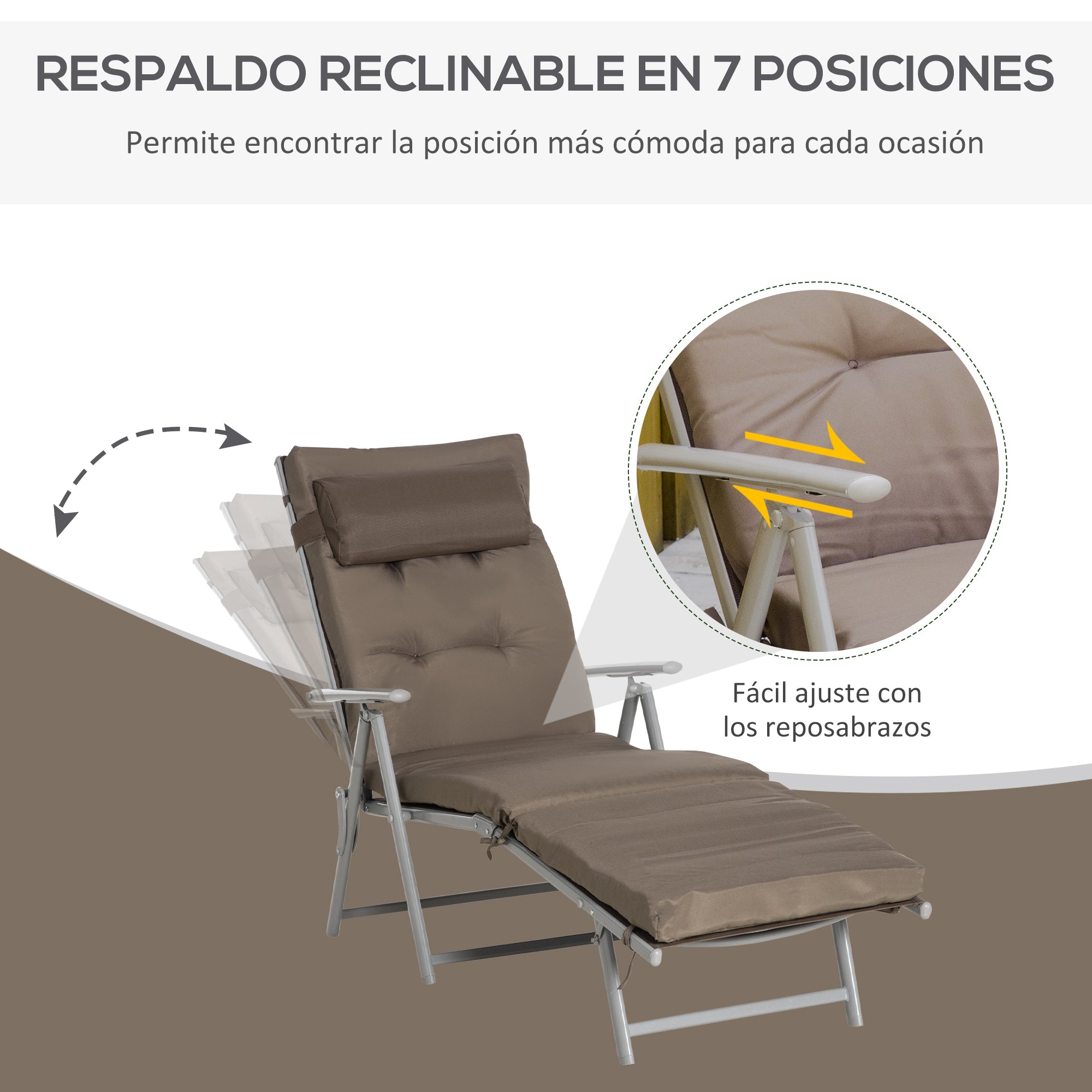 Outsunny Tumbona Plegable Tumbona de Jardín con Respaldo Ajustable en 7 Posiciones con Cojín Cuerpo Entero y Cabeza para Terraza Piscina Carga 165 kg 137x63,5x100,5 cm Marrón