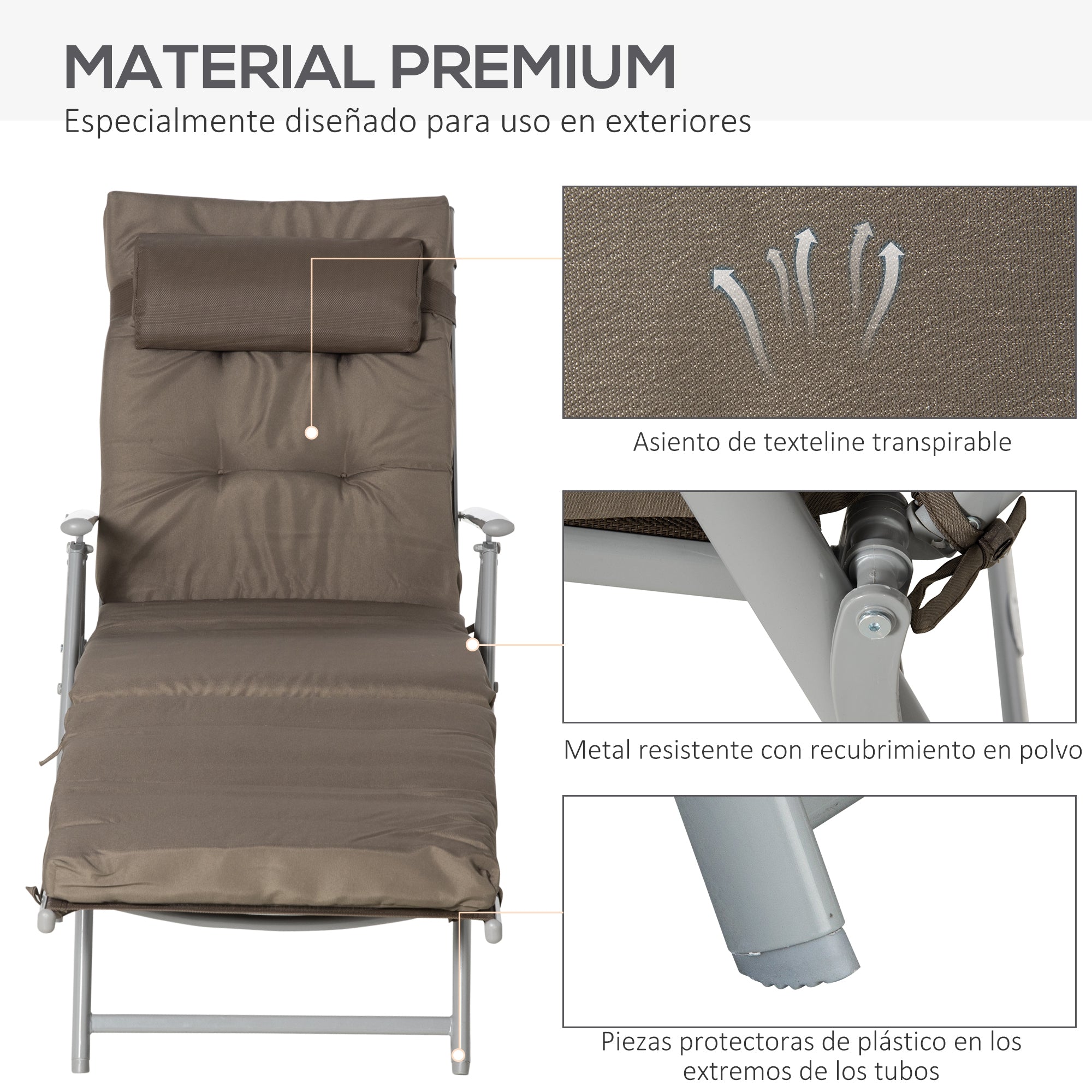 Outsunny Tumbona Plegable Tumbona de Jardín con Respaldo Ajustable en 7 Posiciones con Cojín Cuerpo Entero y Cabeza para Terraza Piscina Carga 165 kg 137x63,5x100,5 cm Marrón