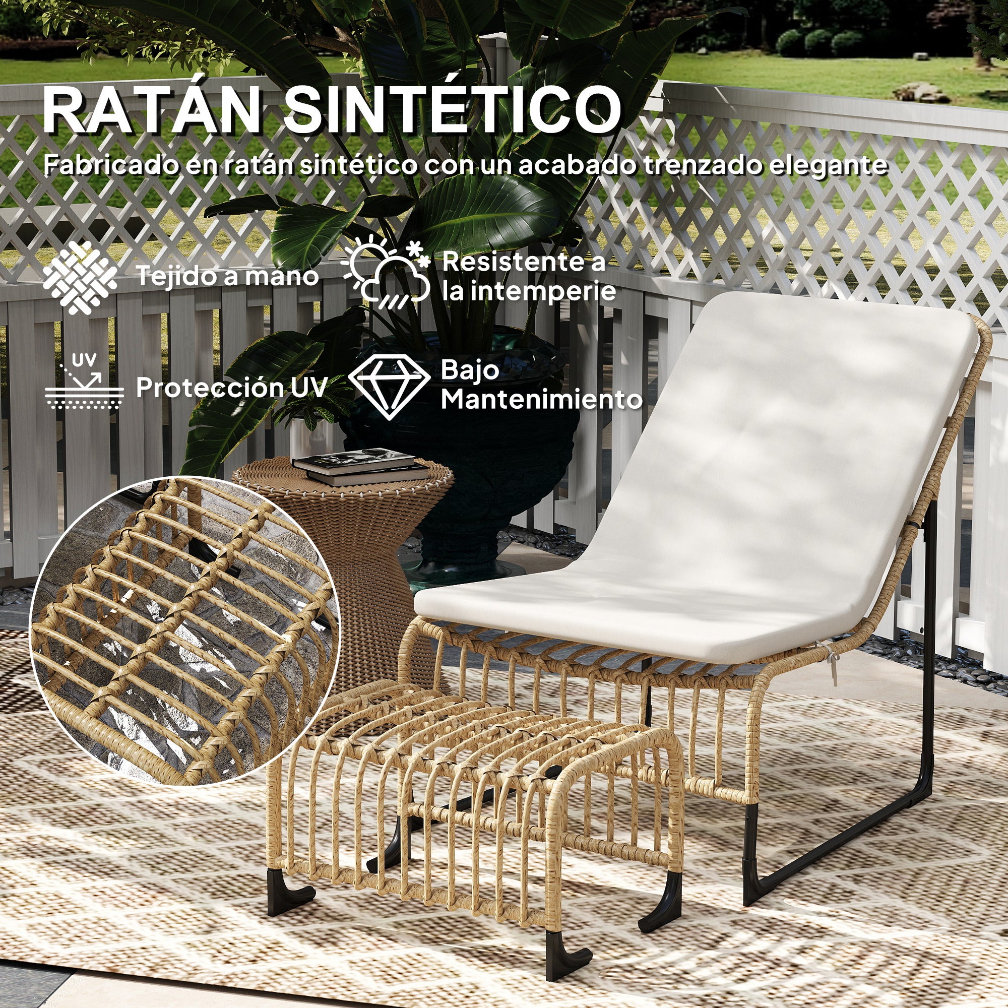 Outsunny Conjunto de Sillón de Jardín con Reposapiés de Ratán Sintético Sillón para Exterior con Cojín Acolchado y Estructura de Acero Natural y Beige