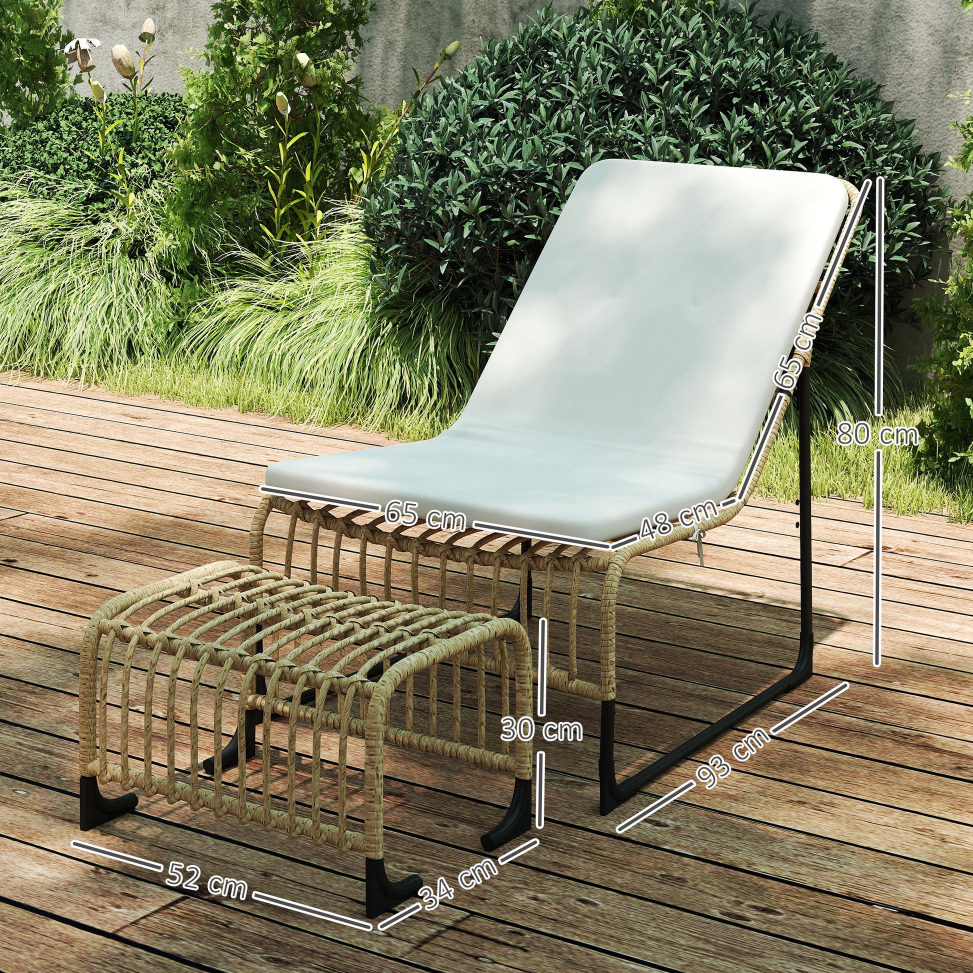 Outsunny Conjunto de Sillón de Jardín con Reposapiés de Ratán Sintético Sillón para Exterior con Cojín Acolchado y Estructura de Acero Natural y Beige