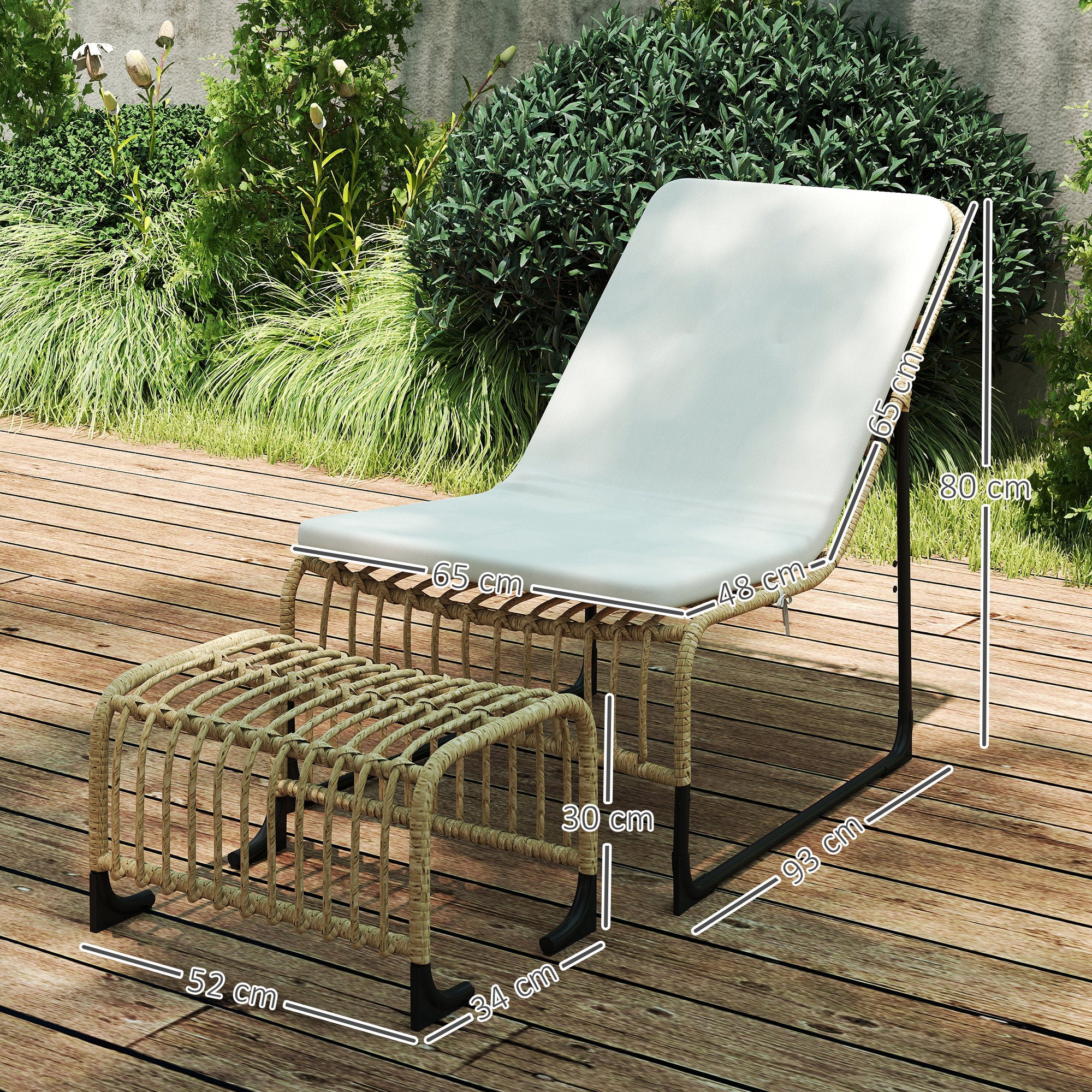 Outsunny Conjunto de Sillón de Jardín con Reposapiés de Ratán Sintético Sillón para Exterior con Cojín Acolchado y Estructura de Acero Natural y Beige